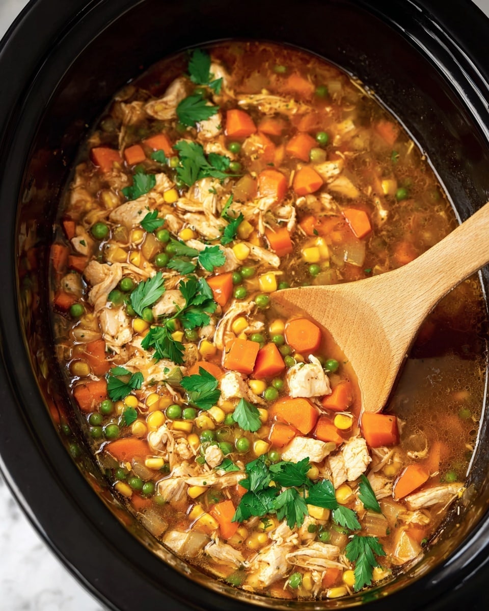 A close-up view inside a black slow cooker showing a cooked stew with three main layers: small white pieces of chicken, bright orange diced carrots, and yellow corn kernels mixed with green peas and chopped celery. The ingredients are combined in a thick brown broth and topped with fresh green parsley leaves scattered on the surface. A wooden spoon with a smooth texture is partially submerged on the right side, stirring the stew. The background features a white marbled surface. photo taken with an iphone --ar 4:5 --v 7