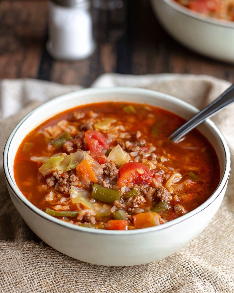 A black bowl filled with a thick soup showing several layers of ingredients mixed together. The base layer is a rich red tomato broth. Within this broth, there are chunks of light green cabbage scattered evenly. Small pieces of cooked ground meat with a light brown color are mixed throughout. There are also pieces of white rice and small bits of green beans and orange carrots spread across the bowl. The bowl sits on a light brown burlap cloth placed on a white marbled surface. A folded white and green towel is on the left side, and a silver spoon and fork rest on the right side of the bowl. photo taken with an iphone --ar 4:5 --v 7