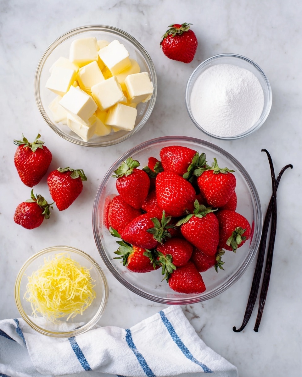 The image shows four small clear glass bowls on a white marbled surface. The largest bowl in the center is filled with bright red strawberries with green tops, some strawberries are also placed around the bowls. Above it to the left, there is a second bowl filled with pale yellow cubes of butter. To the right of the butter bowl, there is a smaller bowl containing white powdered sugar. Below the bowl of strawberries, there is a bowl with light yellow lemon zest. A white cloth with blue stripes and two vanilla pods are placed on the right side of the frame. Photo taken with an iphone --ar 4:5 --v 7