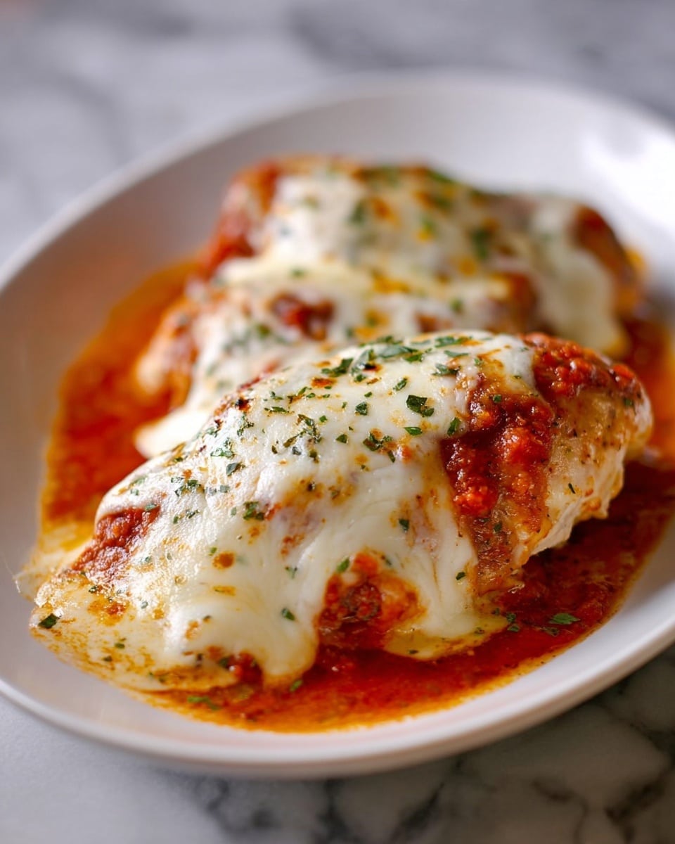 The dish shows two large pieces of cooked chicken on a white plate, topped with a thick layer of melted white cheese that has a slightly browned and bubbly texture. Beneath the cheese, red tomato sauce peeks through in some areas, adding a bright contrast to the creaminess of the cheese. Green dried herbs are sprinkled over the top, adding specks of color and texture. The sauce has a smooth and slightly glossy look, surrounding the chicken on the plate. The background is a white marbled surface. Photo taken with an iphone --ar 4:5 --v 7
