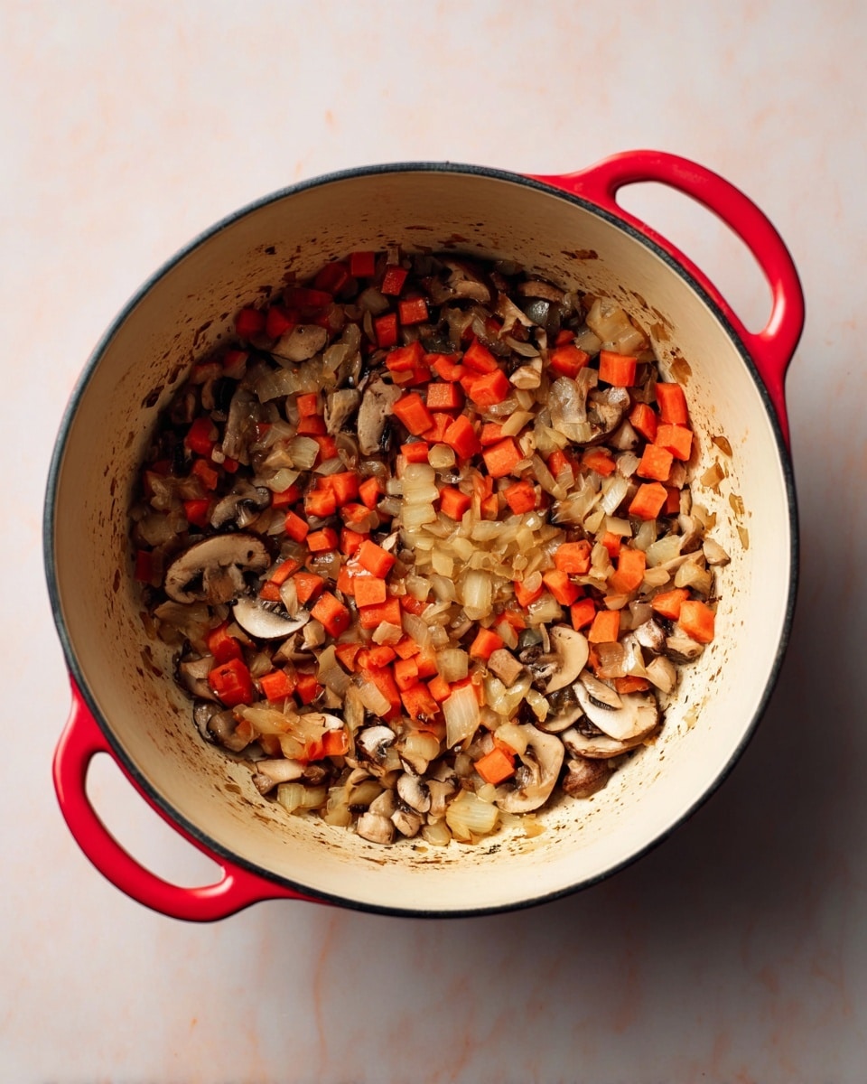 A red pot with two handles holds cooked vegetables. Inside, there are two main layers: the bottom layer has small, soft, light brown cooked onions and slightly caramelized bits sticking to the pot's white inner surface. The top layer is a mix of small orange carrot cubes and sliced brown mushrooms scattered evenly over the onions. The pot sits on a white marbled texture. photo taken with an iphone --ar 4:5 --v 7