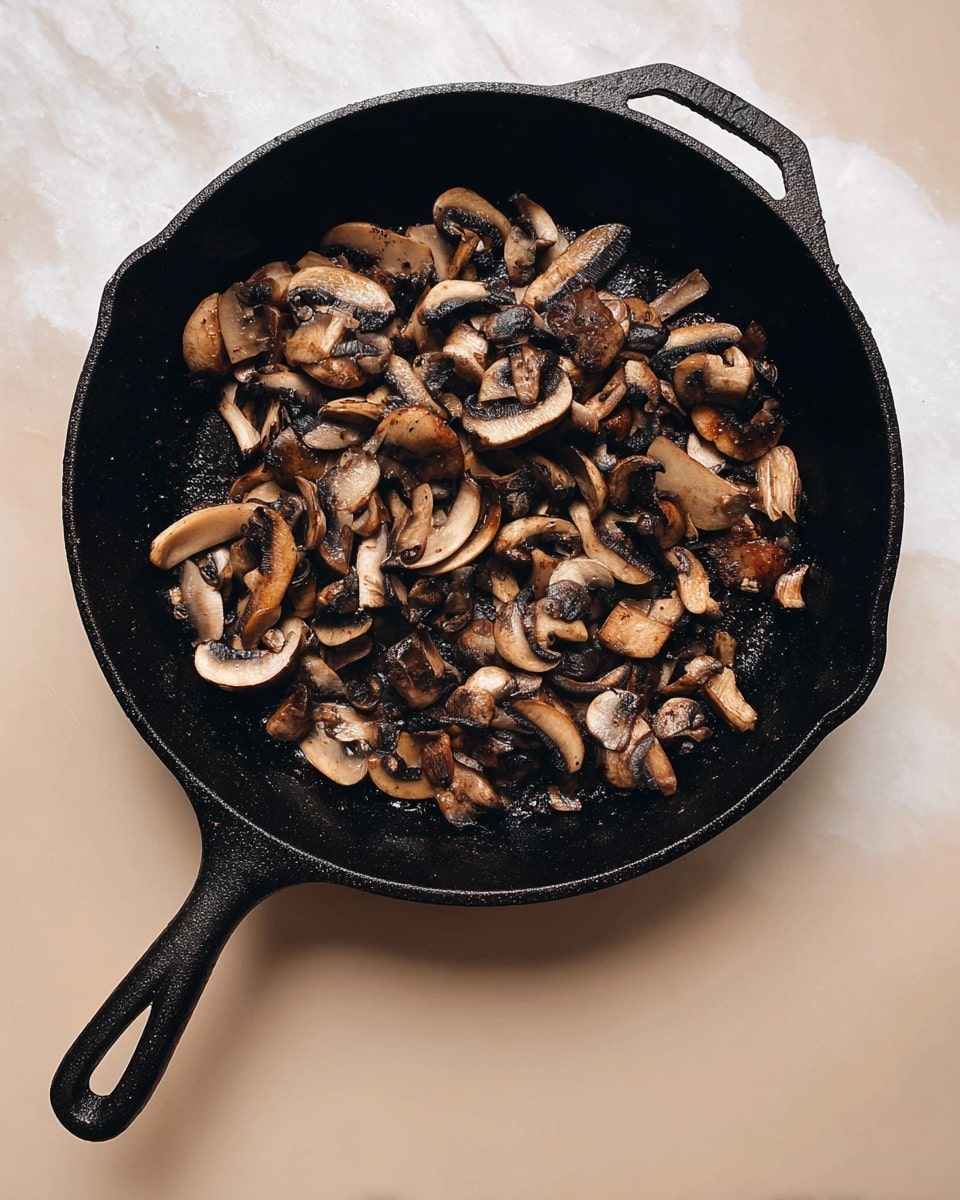 A black cast iron pan filled with cooked sliced mushrooms. The mushrooms vary in size and shape, showing shades of brown with some darker, lightly charred edges, and a slightly soft texture. The pan has a rough texture and a handle extending downward with a small hole at the end. The pan sits on a white marbled surface. photo taken with an iphone --ar 4:5 --v 7