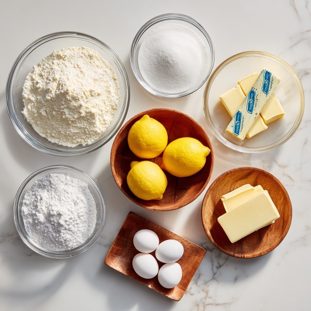 The image shows seven bowls and a small tray placed on a white marbled surface, each holding different ingredients. At the top left, a clear glass bowl is full of white flour with a slightly rough texture. To its right is another clear bowl filled with fine white sugar, smooth and even on top. Next to it, on the far right, are two sticks of pale yellow butter wrapped with blue and white labels. Below the butter is a small wooden bowl with white salt. In the center, a wooden bowl contains five bright yellow lemons with a smooth skin. At the bottom left, another clear glass bowl holds powdered sugar, fluffy and soft looking. Lastly, at the bottom center, a small wooden tray has four white eggs arranged inside it. The whole setup is neatly arranged and well-lit. photo taken with an iphone --ar 4:5 --v 7