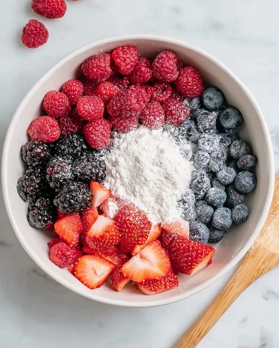 A white bowl sits on a white marbled surface, filled with four sections of fresh berries and a white powder in the middle. The top section is bright red raspberries arranged closely together. To the right of the raspberries, there is a cluster of blue blueberries. Below the blueberries, sliced strawberries with a vibrant red color and juicy texture fill the space. To the left of the strawberries, there are shiny blackberries with dark and bumpy skin. A heap of fine white powder is in the center of the bowl, slightly covering the berries around it. Photo taken with an iphone --ar 4:5 --v 7