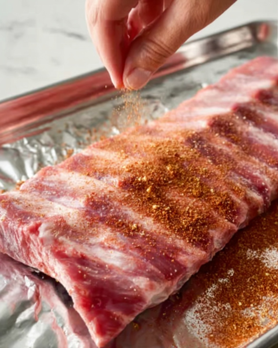 A close-up image shows a large slab of raw pork ribs laid flat on a shiny silver tray. The ribs are pinkish with visible fat lines and a smooth texture. A woman's hand is sprinkling an even layer of reddish-brown dry spice rub across the meat, creating a fine coating on the ribs. The background is a white marbled surface. photo taken with an iphone --ar 4:5 --v 7