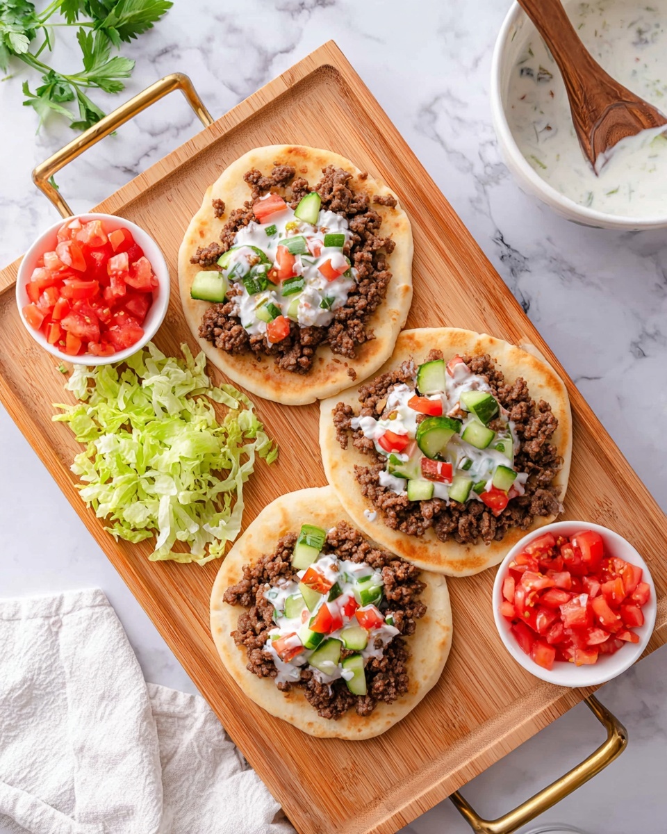 Three round flatbreads are placed on a wooden tray with gold handles on each side. Each flatbread has a base layer of light tan color, topped with a thick layer of cooked ground beef that is brown and crumbly. On top of the beef, there is a dollop of white creamy sauce mixed with small pieces of green cucumber and red tomato. Two small white bowls, one with diced cucumber and one with diced red tomato, sit on the wooden board. Shredded green lettuce is scattered near the bottom left side of the tray. The tray is set on a white marbled surface with part of a white cloth visible under the tray’s right side. A white bowl with a wooden spoon, containing a white sauce with bits of red, is partially visible in the top right corner. Photo taken with an iphone --ar 4:5 --v 7