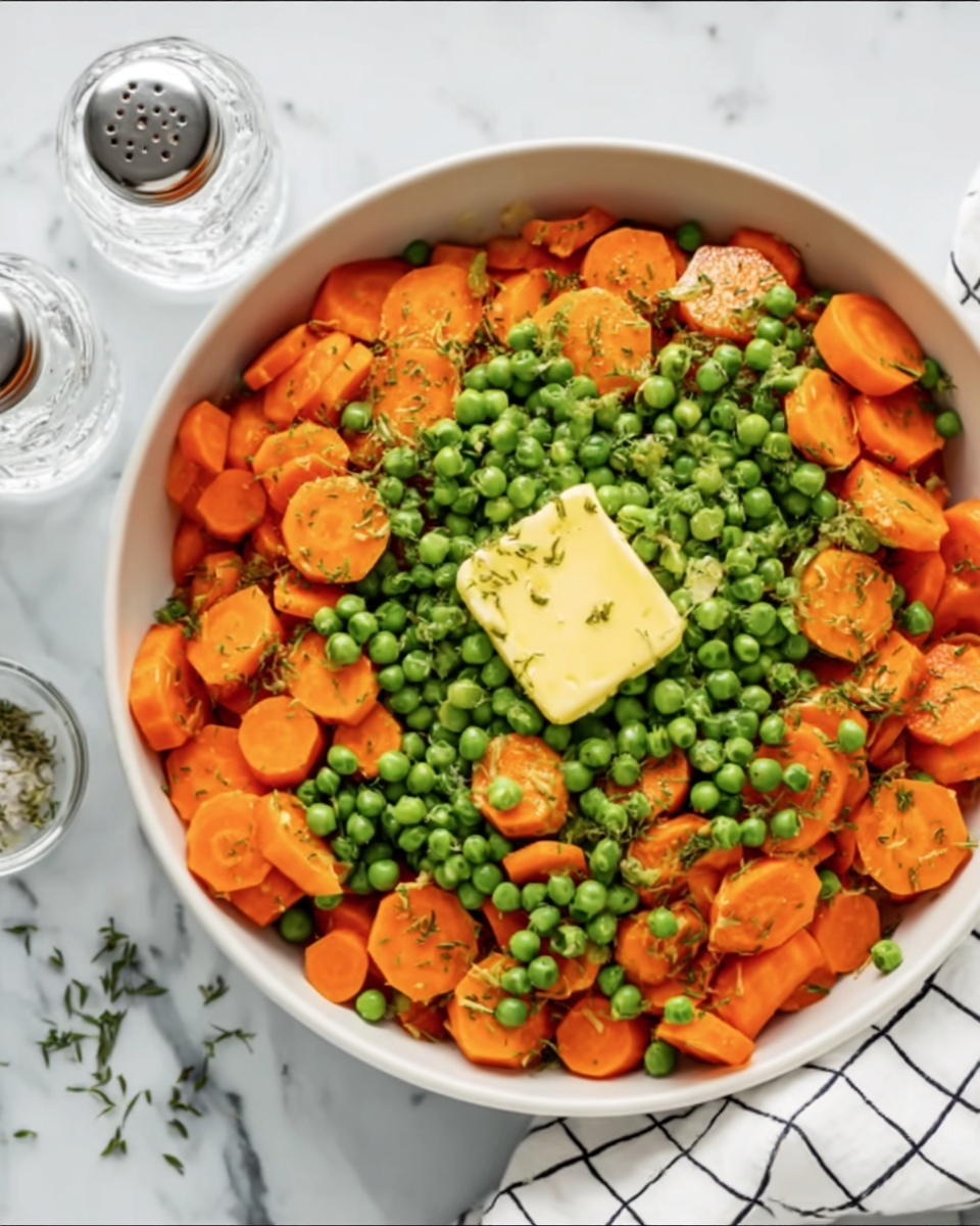 The image shows a white bowl filled with two main layers of food. The bottom layer is a mix of bright orange carrot slices, round and thin, scattered evenly across the bowl. The top layer consists of many small, round green peas spread all over the carrots, with a few green herbs scattered throughout for extra color. In the center, there is a square piece of light yellow butter resting on the peas, slightly melted around the edges. The bowl is placed on a white marbled surface, and to the left side of the bowl, there are two clear glass salt and pepper shakers and a white cloth with a black grid pattern. photo taken with an iphone --ar 4:5 --v 7