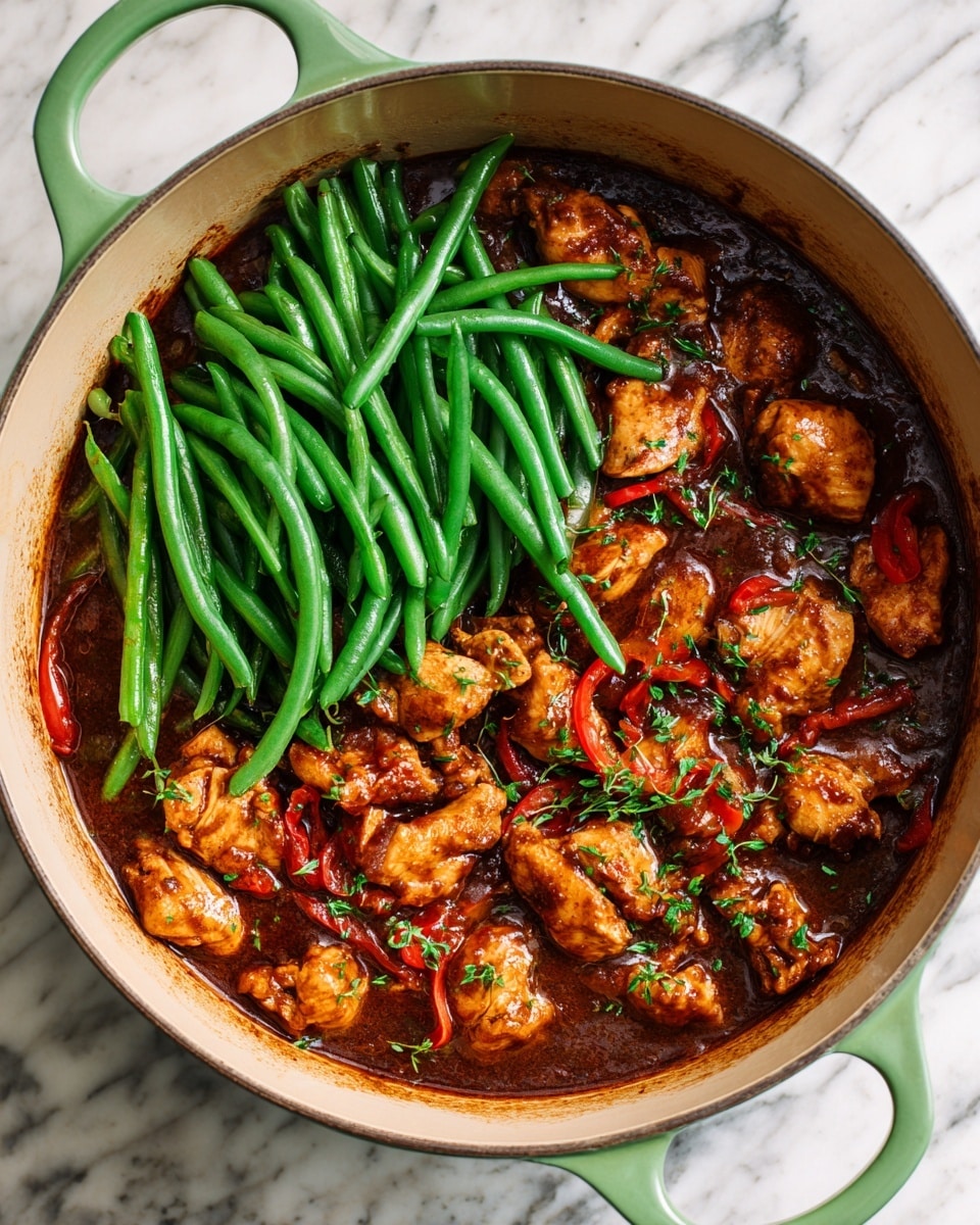 A round light green pot sits on a white marbled surface filled with a rich brown sauce with chunks of cooked chicken pieces scattered throughout. Red bell pepper strips are mixed in with the chicken on one side, while a neat pile of fresh green beans rests on the other side, creating a contrast of bright greens and reds against the dark sauce and golden brown chicken. The texture of the chicken looks tender with some slight caramelization, and the sauce appears thick and glossy, coating the ingredients evenly. The pot has two handles visible on both sides. photo taken with an iphone --ar 4:5 --v 7