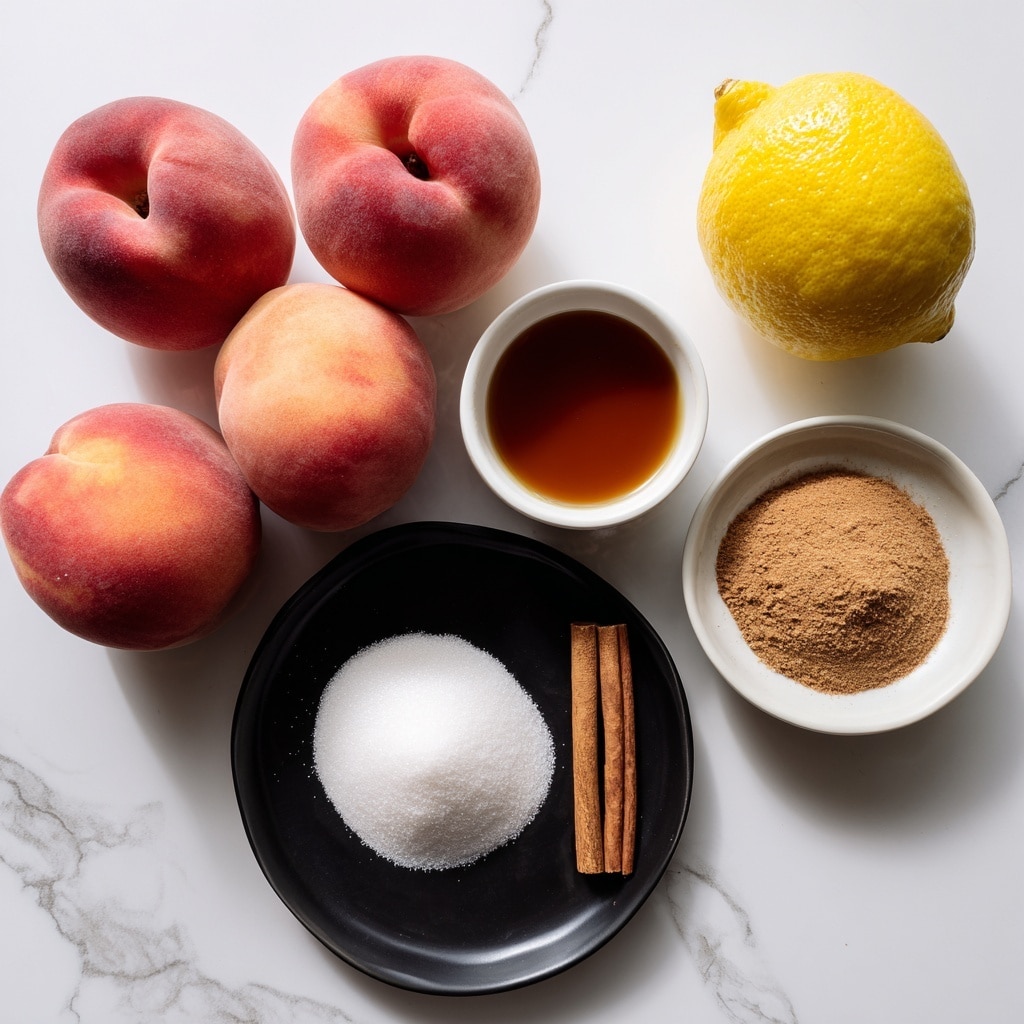 The image shows six fresh peaches arranged in the top left corner on a white marbled surface, with one lemon placed in the top right corner. Near the lemon, a small white bowl contains a brown liquid, likely vanilla. Below the peaches and lemon is a black plate holding five piles of ingredients: white sugar at the bottom right, brown sugar on the bottom left, cornstarch above the sugars in pure white, cinnamon beside cornstarch as a small brown heap, and coarse salt in small white grains next to cinnamon. The background is a clean white marbled table. photo taken with an iphone --ar 4:5 --v 7