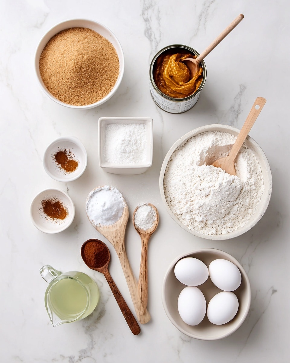 A white marbled surface holds several white bowls and small white dishes arranged neatly with different baking ingredients. On top left is a medium bowl filled with light brown sugar, next to it on the right is a small square dish with white powder and a wooden spoon in it. Above that, a can is open showing an orange thick paste inside. Below the open can is a small dish with white powder and a wooden spoon resting on it. In the center right is a medium bowl piled high with white flour. On the bottom right, a bowl contains four white eggs. To the left of that is a small jug with light greenish oil, and above it to the left is a small dish with brown cinnamon powder and a wooden spoon. Another wooden spoon with dark brown spice powder sits on the marbled surface near the oil jug. All items are placed on the clean white marbled background. photo taken with an iphone --ar 4:5 --v 7