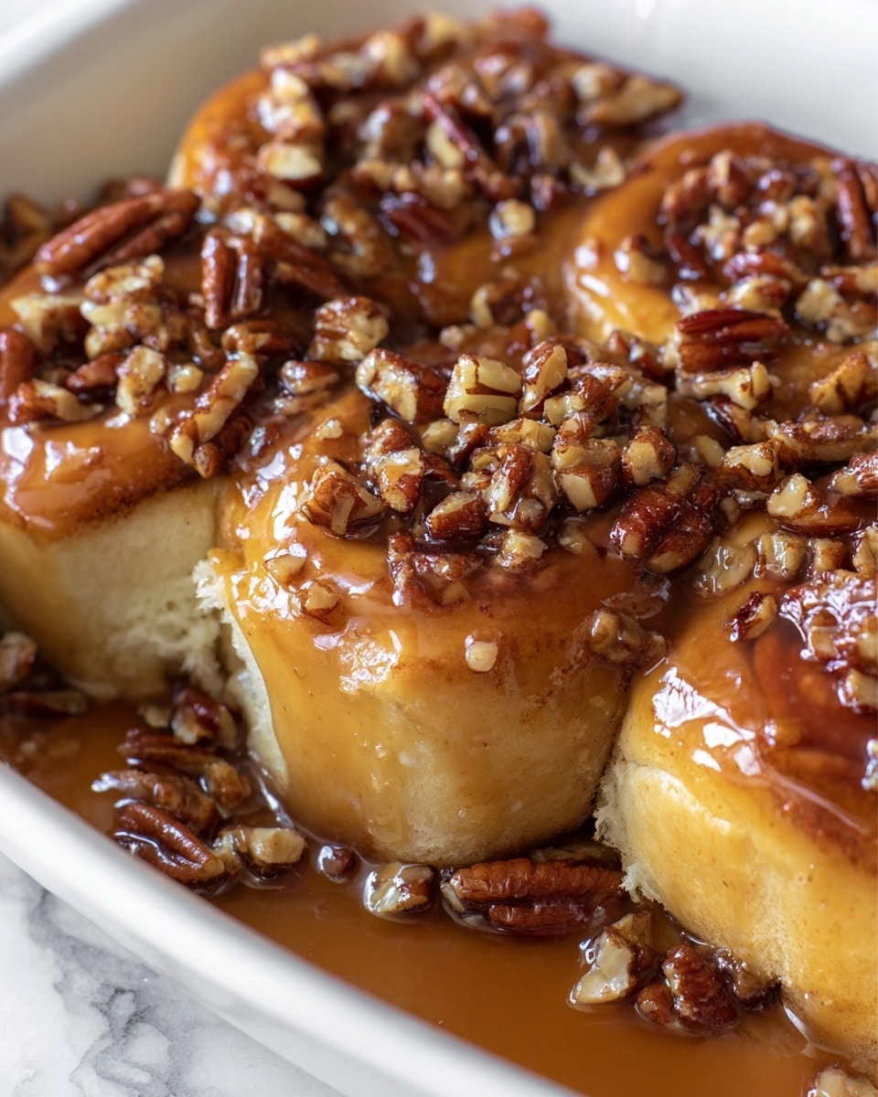 The image shows a close-up of soft, golden brown rolls arranged tightly in a white rectangular baking dish. The top layer is covered with a thick, shiny caramel sauce that has a rich brown color, and scattered generously on the sauce are whole pecans, which are dark brown with a smooth texture. The sauce drips slightly down the sides of the rolls, creating a glossy and sticky look. The white marbled surface beneath the dish is visible along the edges. Photo taken with an iphone --ar 4:5 --v 7