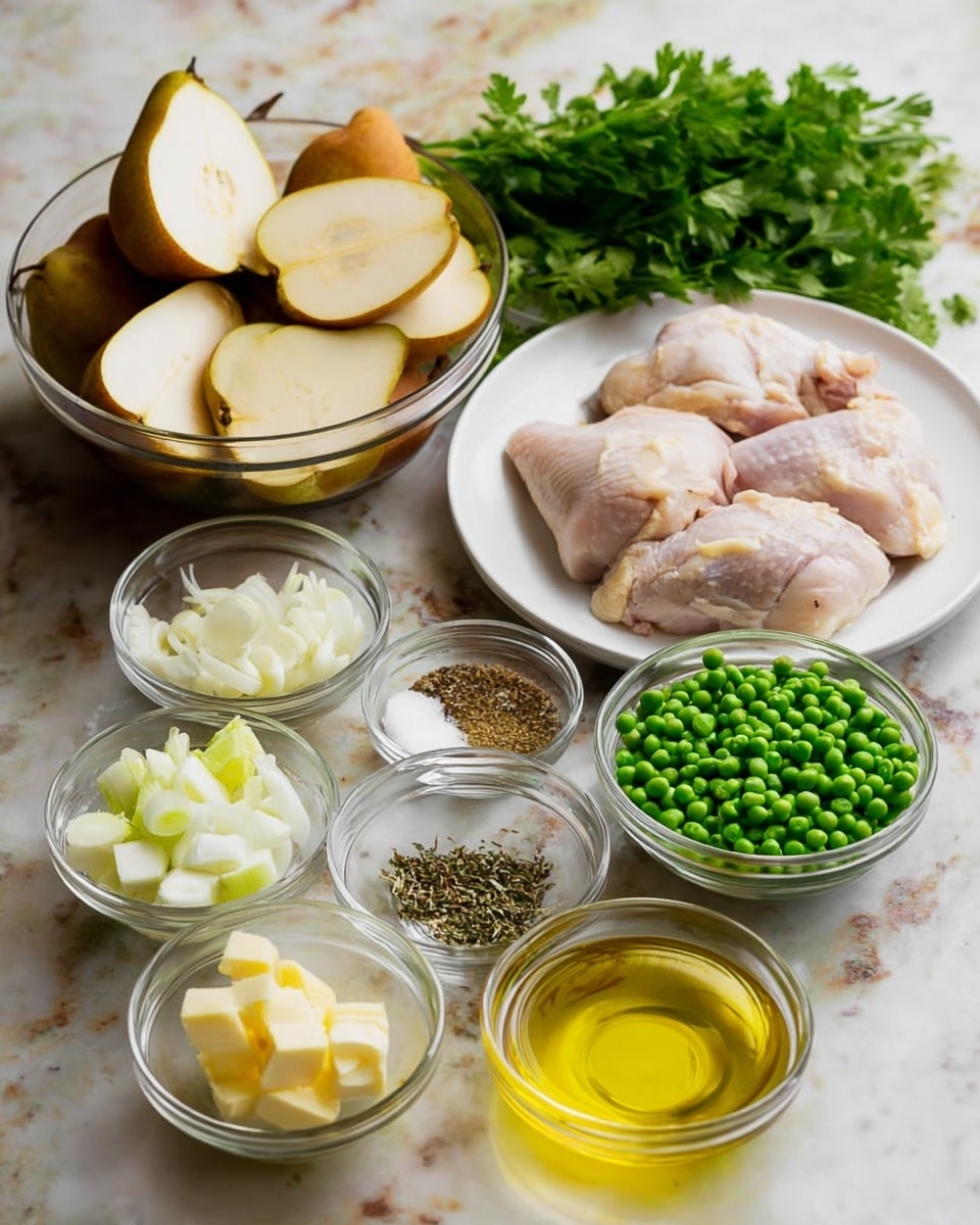 A collection of clear glass bowls arranged on a white marbled surface, each filled with different ingredients: a large bowl in the back holds thick pear slices with brown skin, placed next to a white plate with four raw chicken pieces with pale skin. In front, several smaller bowls contain bright green peas, thinly sliced garlic, chopped white onions, pale yellow butter slices, golden olive oil, a small amount of vinegar, black pepper, dried herbs, and salt, all neatly displayed in a soft natural light. A bunch of fresh green parsley lies behind the pear slices, adding a pop of color. Photo taken with an iphone --ar 4:5 --v 7