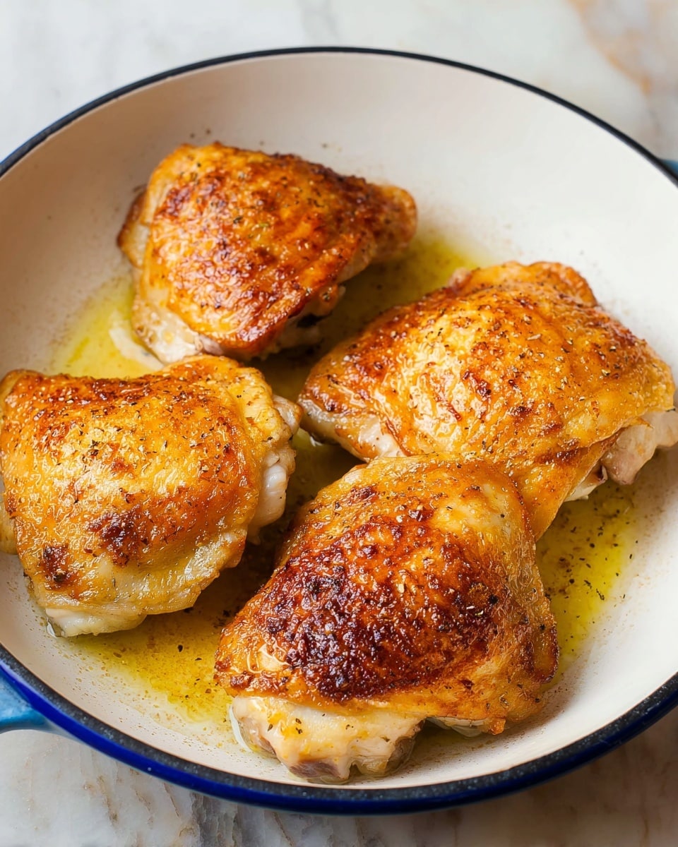 The image shows four pieces of cooked chicken thighs with crispy golden-brown skin on top, sitting closely in a white skillet with a blue rim. Each piece has a textured, slightly uneven surface showing the cooked skin's crispiness, while lighter, tender meat is visible on the sides beneath the skin. There is a light pool of oil spreading under and around the chicken in the pan. The skillet rests on a white marbled surface. photo taken with an iphone --ar 4:5 --v 7