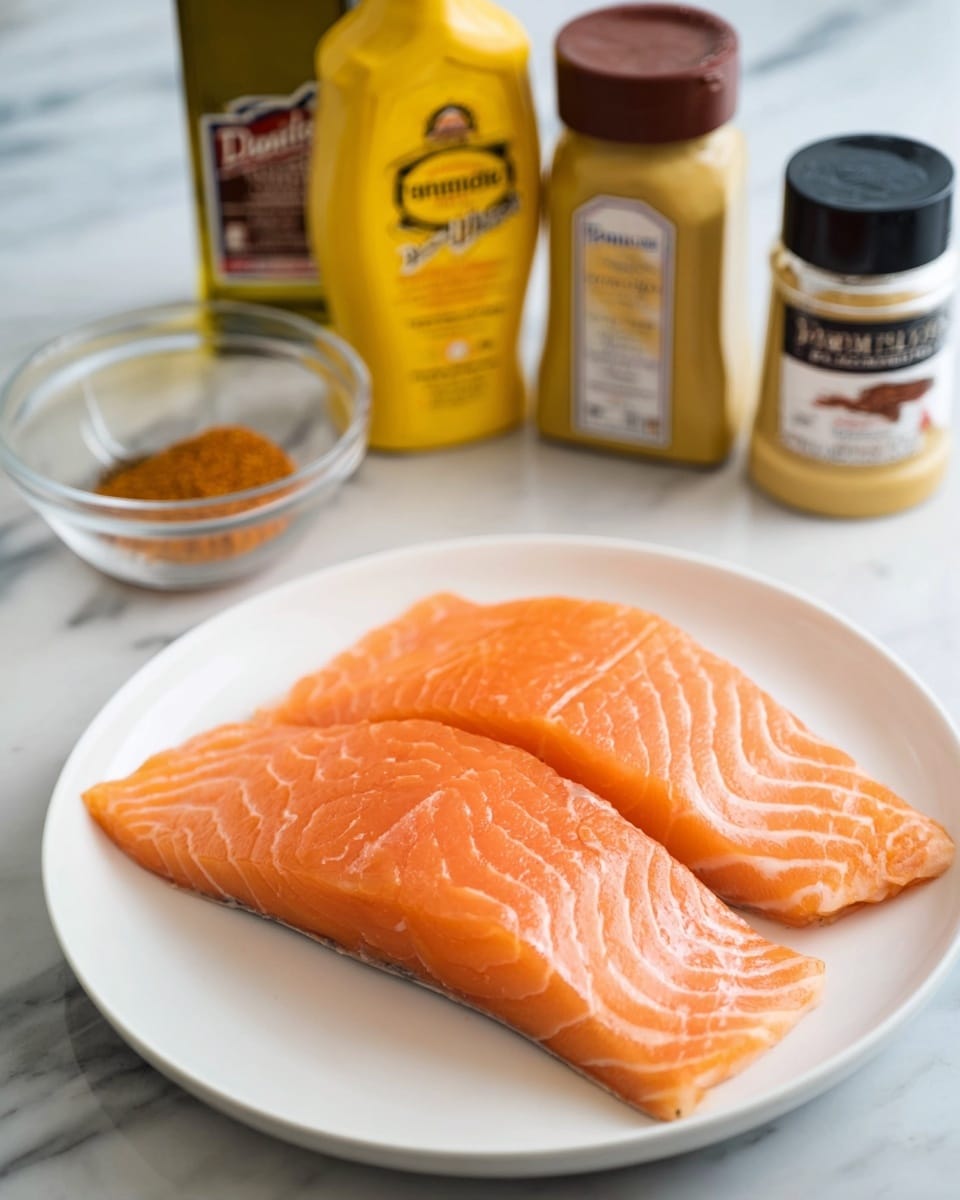 Two thick pieces of raw salmon fillet with bright orange flesh and white lines are placed side by side on a white plate at the front. Behind the plate, several ingredients are visible on a white marbled surface: a small clear glass bowl contains two spices in orange and white, and four bottles stand in a row, including a yellow bottle of French's Dijon mustard, an olive oil bottle, and two spice containers with brown labels. The setting is simple and clean, with the focus clearly on the fresh salmon. photo taken with an iphone --ar 4:5 --v 7