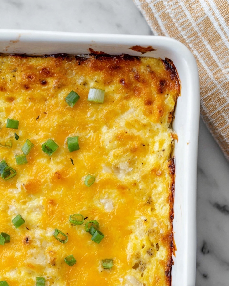 This image shows a white rectangular baking dish filled with a creamy, cheesy casserole. The dish has a golden-yellow melted cheese layer on top with some crispy brown spots at the edges. Small green onion pieces are scattered over the cheese layer. Underneath the cheese, the creamy mixture is thick and light-colored, appearing soft and textured with bits of other ingredients. A bronze spoon is scooping some of the casserole from the dish, revealing the creamy inside. The casserole dish sits on a white marbled surface with a striped cloth partially visible in the background. photo taken with an iphone --ar 4:5 --v 7