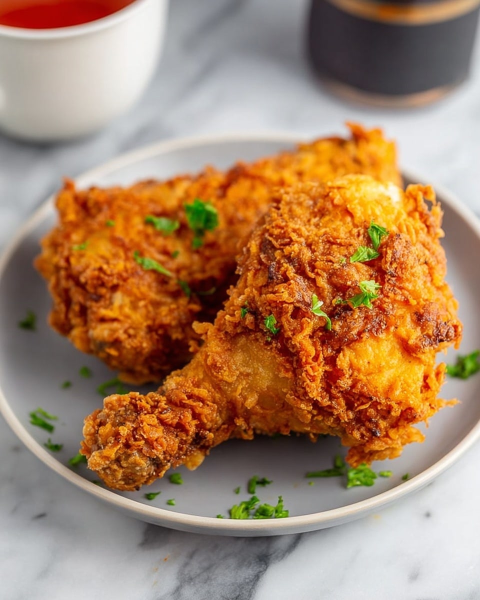 The image shows two pieces of crispy golden fried chicken drumsticks on a white plate, garnished with small green parsley leaves. The chicken has a crunchy, rough texture with a rich brown and golden color, revealing crisp, bubbly breading. In the soft-focus background on a white marbled surface, there are more fried drumsticks and a small white bowl filled with reddish-brown dipping sauce. A black and white striped cloth is partially visible behind the food, adding a homey touch. Photo taken with an iphone --ar 4:5 --v 7