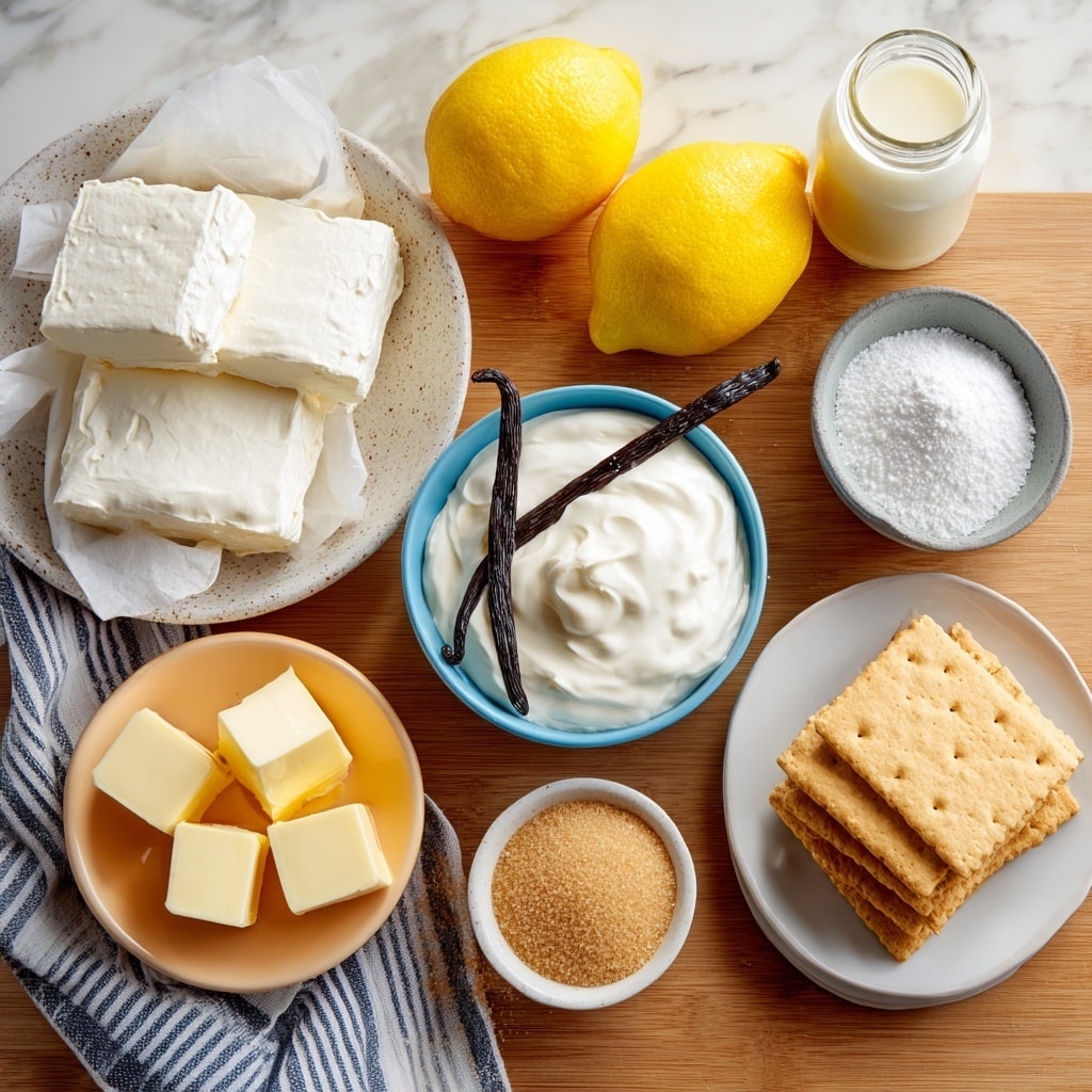 The image shows an assortment of ingredients neatly arranged on a wooden surface with a white marbled texture around it; in the top left, there is a white speckled bowl filled with large blocks of creamy white cream cheese on parchment paper, next to a tall glass jar of heavy cream; two bright yellow lemons are placed in the middle, surrounded by a small white bowl of smooth sour cream on the right and a small blue-gray bowl filled with white powdered sugar topped by a dark vanilla bean pod in the center; to the left of the powdered sugar bowl is a small peach-colored bowl holding several chunks of pale yellow butter; a small blue bowl of light brown sugar is placed nearby and a small brown bowl with a pinch of salt is beneath the powdered sugar; in the bottom right corner, a white plate holds a stack of square golden brown graham crackers, and to the bottom left, a striped cloth napkin is partially visible; labels with ingredient names are placed over each item in simple black text photo taken with an iphone --ar 4:5 --v 7