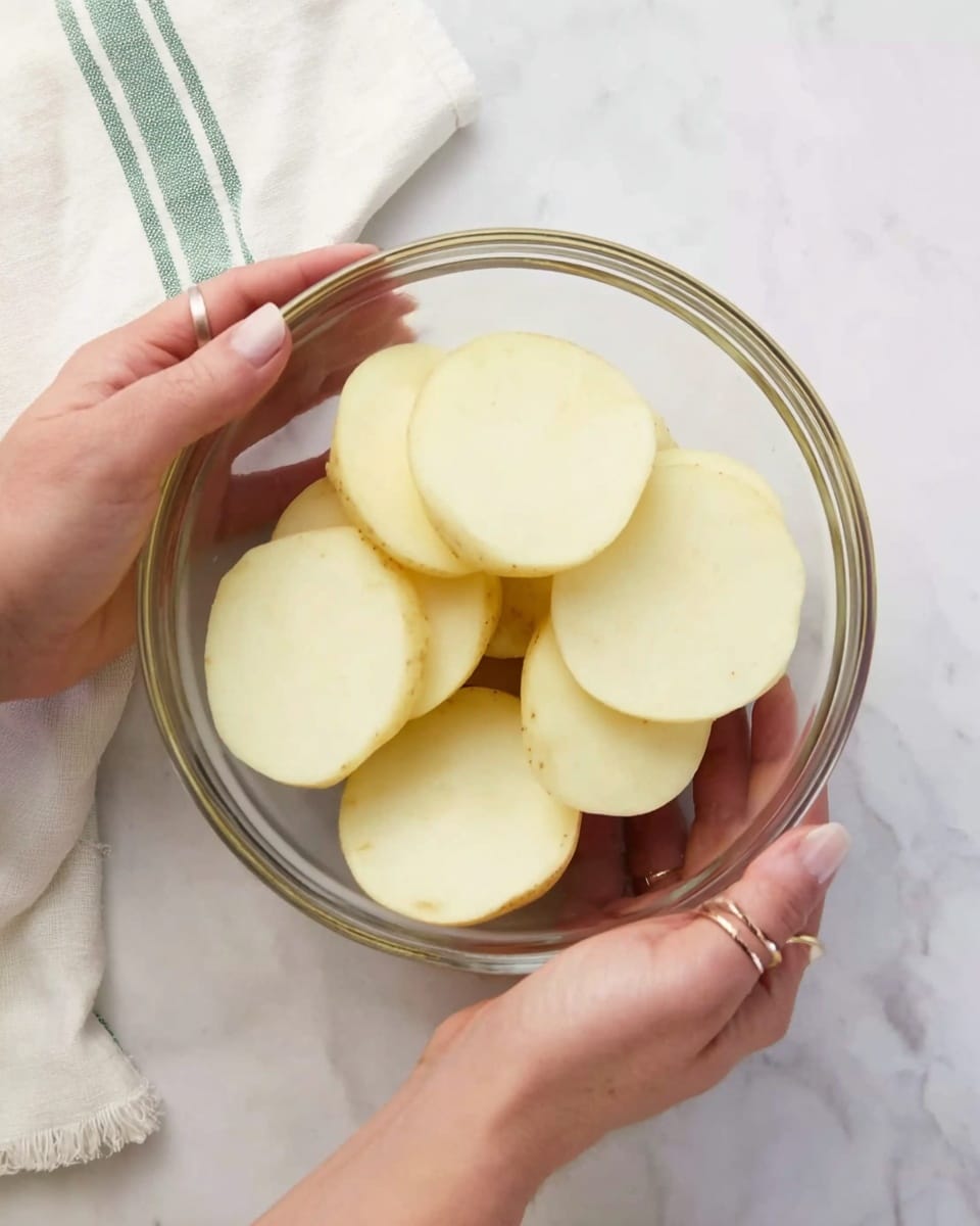 A clear glass bowl holds seven peeled potato slices stacked loosely, each slice thick with smooth, pale yellow surfaces and slightly uneven edges. Two visible woman's hands gently hold the bowl from either side, showcasing short natural nails and a ring on one finger. The bowl sits on a white marbled surface next to a folded white cloth with a green stripe along one edge. The colors are soft, bright, and natural with a clean, fresh look. photo taken with an iphone --ar 4:5 --v 7