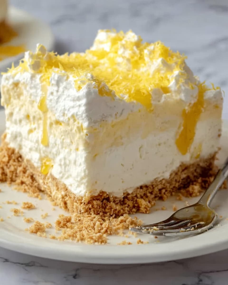 A slice of creamy dessert is shown on a white plate placed on a white marbled surface. The dessert has three clear layers: the bottom layer is a crunchy light brown crumb base, the middle layer is thick and creamy white filling with a soft texture, and the top layer is mostly white whipped cream with yellow sauce or jelly drizzled unevenly on top. Small crumbs are scattered around the plate, with a silver fork partially in view near the slice. The photo taken with an iphone --ar 4:5 --v 7