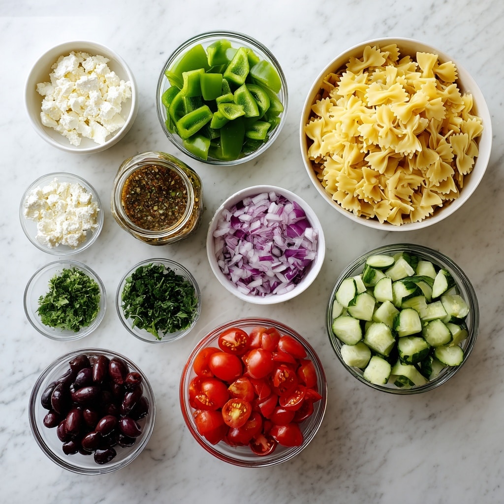 A top view of several white bowls arranged on a white marbled surface, each containing different salad ingredients: one large bowl filled with light yellow bowtie pasta on the top right, a bowl with bright green chopped bell peppers on the top left, a glass jar with brown and green herb dressing in the center, a small bowl with diced purple and white red onion below the jar, a small bowl with finely chopped bright green parsley below the onion, a small bowl with dark purple sliced olives on the bottom left, a large bowl with bright red halved cherry tomatoes on the bottom right, and a large bowl with light to dark green sliced cucumber between the tomatoes and pasta. A white container of crumbled feta cheese is placed near the center left. Photo taken with an iphone --ar 4:5 --v 7