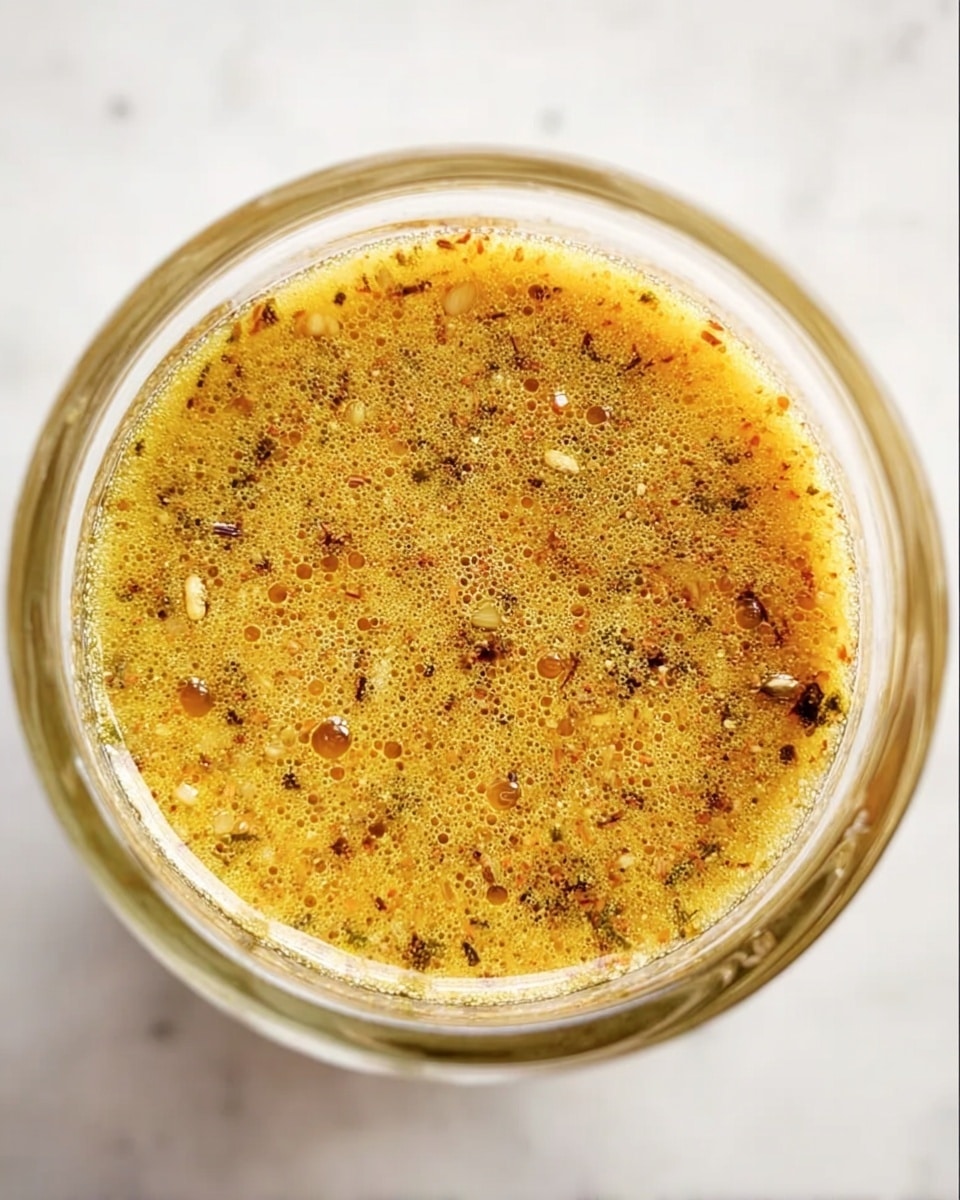 A close-up top view of a glass container filled with a mixture that has a grainy texture and a warm yellow-brown color. The mixture has small flecks of darker spices and herbs scattered throughout, with a slightly frothy surface and some oil settling around the edges. The glass container is shown against a white marbled texture background. photo taken with an iphone --ar 4:5 --v 7