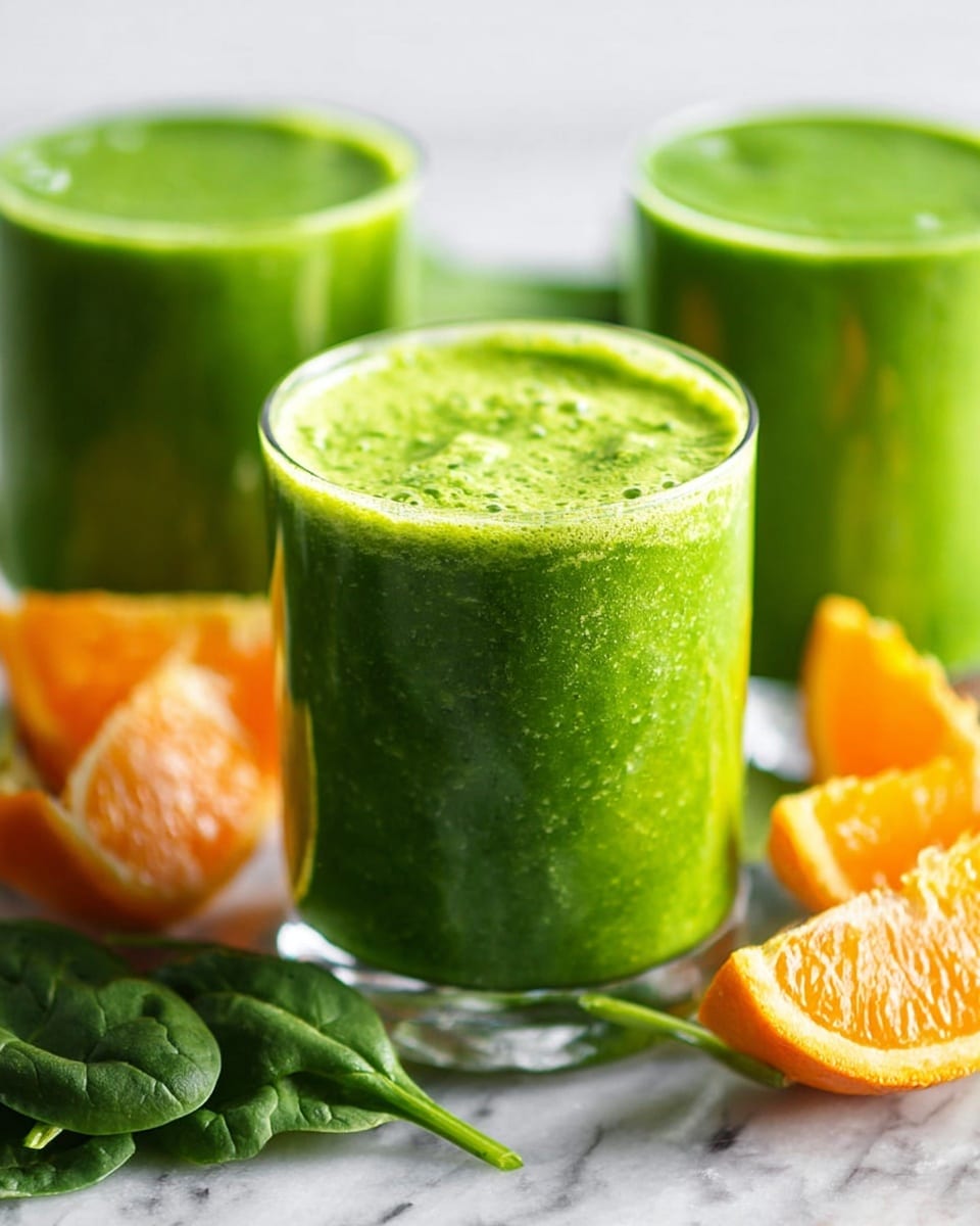 The image shows three clear glasses filled with a thick, bright green smoothie. The smoothie has a slightly frothy top layer. Around the glasses, there are fresh green spinach leaves and juicy orange wedges placed on a white marbled surface. The focus is on the front glass, with the other two blurred softly in the background. The colors are vibrant, with the green of the smoothie and spinach contrasting with the bright orange of the fruit. photo taken with an iphone --ar 4:5 --v 7