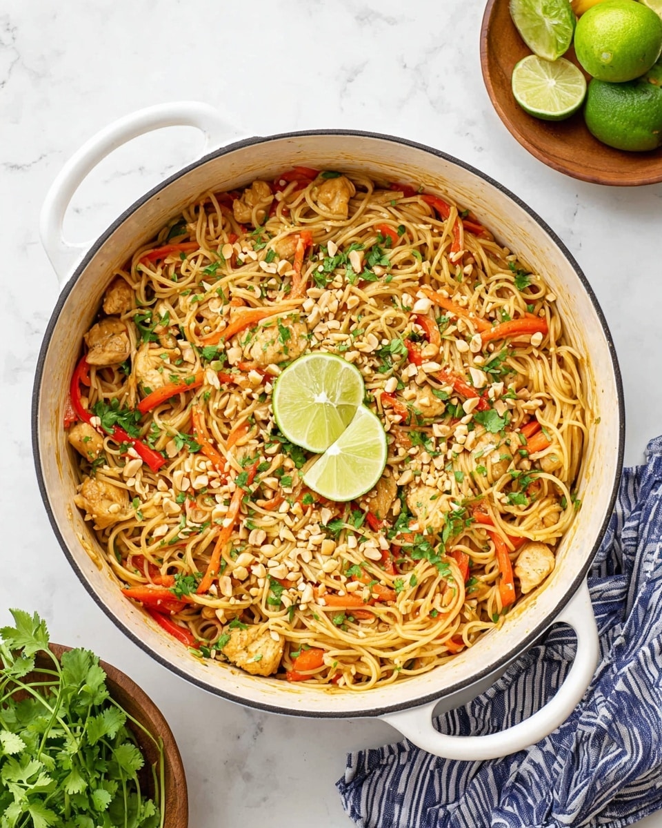 A white pot filled with a colorful noodle dish with three main layers. The bottom layer is light tan noodles mixed with thin strips of orange carrots and red bell peppers. The middle layer has light brown cooked chicken pieces scattered evenly. The top layer is sprinkled with chopped green cilantro and crushed light brown peanuts, with two green lime wedges placed on the noodles near the center. The pot is on a white marbled surface, with a whole lime and a blue and white striped cloth to the top right, and a wooden bowl with lime wedges and some fresh cilantro to the bottom left. Photo taken with an iphone --ar 4:5 --v 7
