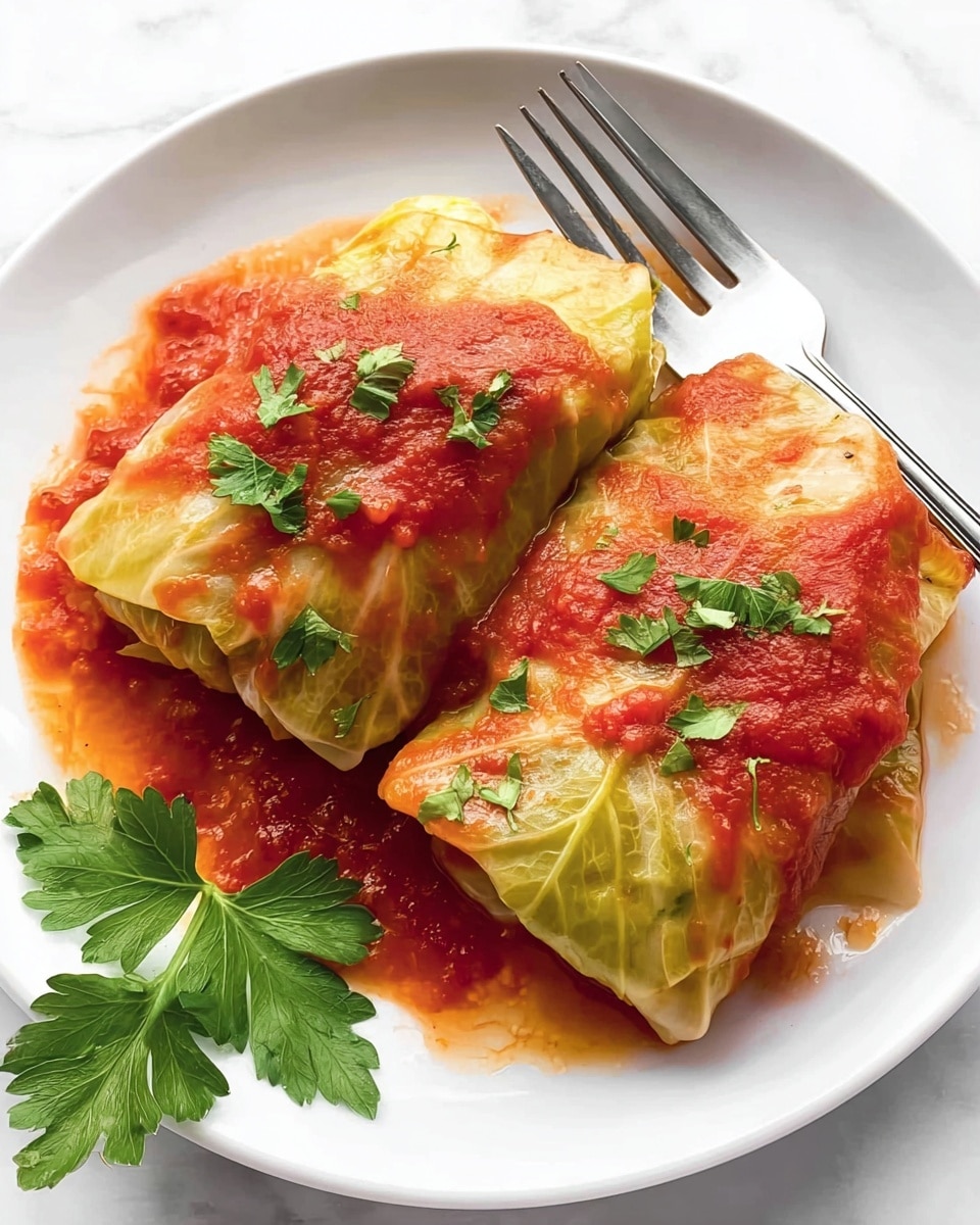 Two square, layered cabbage rolls sit side by side on a white plate with bright red tomato sauce spread unevenly over the top layer. The cabbage leaves look soft with a subtle shine, showing pale green and yellow tones beneath the sauce. Small green parsley pieces are scattered on top and a fresh, larger parsley sprig is placed at the bottom left of the plate. A silver fork rests on the right side, partially behind one cabbage roll. The plate is set on a white marbled surface. Photo taken with an iphone --ar 4:5 --v 7