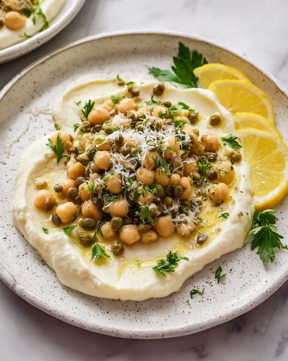 The dish shows two main layers served on a white speckled plate sitting on a white marbled surface. The bottom layer is smooth, creamy, and pale off-white, spread in a circular shape with soft peaks around the edges. On top, there is a thick layer of chickpeas mixed with small green capers and fresh chopped parsley, covered lightly with melted cheese shreds creating a slightly glossy texture. To the side of the plate, there are thin yellow lemon slices and a few green parsley leaves for garnish. The overall colors are soft whites, light yellows, and green touches, with the textures contrasting between creamy smooth and chunky chickpeas. Photo taken with an iphone --ar 4:5 --v 7