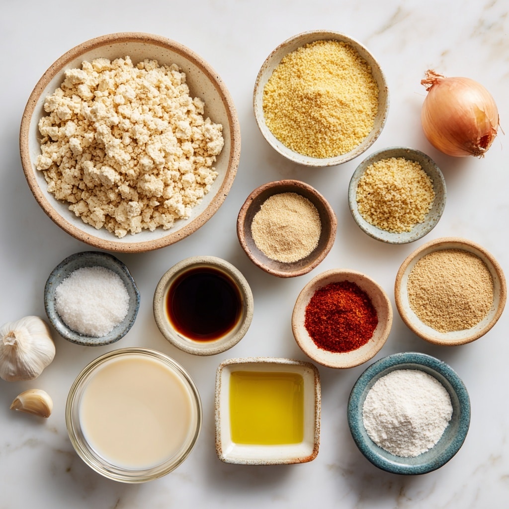The image shows a white marbled surface with various clear glass bowls and some loose ingredients arranged neatly. On the top left, there is a large bowl filled with crumbled tofu, beige in color and grainy in texture. Below it, another large bowl contains fine, yellowish breadcrumbs. To the right, smaller bowls hold light tan nutritional yeast, pale yellow mustard powder, dark brown cumin, and bright red smoked paprika. Below these, there are more small bowls with dark brown Worcestershire sauce, coarse pink salt, golden olive oil, and white cornstarch in a square bowl. Garlic cloves and a whole brown onion rest directly on the marbled surface, adding natural earth tones. A square bowl holds creamy, light beige dairy-free milk. The arrangement is clean, organized, and all items are visible from above, with bright, natural lighting making the colors soft but clear. Photo taken with an iphone --ar 4:5 --v 7