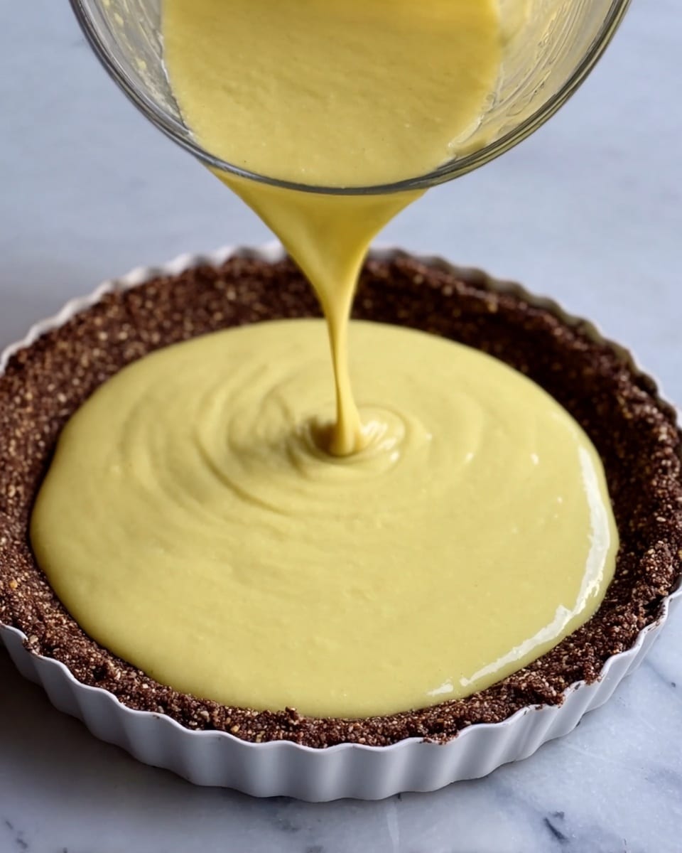 A white tart pan holds a textured dark brown crust, and a thick, smooth light yellow filling is being poured into it from a clear measuring cup. The filling spreads evenly over the crust with soft ripples. The scene is set on a white marbled surface. photo taken with an iphone --ar 4:5 --v 7