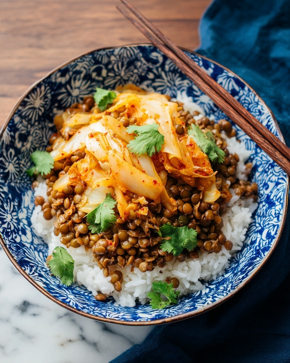 A blue bowl with white floral patterns holds a dish with three layers: the bottom layer is white, fluffy rice spread evenly, the middle layer consists of cooked lentils which are brown and slightly shiny, topped with an orange-yellow cooked vegetable, possibly kimchi, with a glossy texture. Small green cilantro leaves are scattered on top as garnish. Two brown wooden chopsticks rest diagonally on the bowl's edge. The bowl sits on a white marbled surface with a dark blue cloth nearby. Photo taken with an iphone --ar 4:5 --v 7