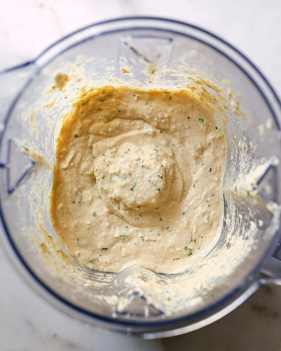 A clear blender container holds a thick, pale beige mixture with a slightly chunky texture and small green herb flecks throughout. The mixture sits mainly flat at the bottom and has a small raised ridge in the center. The blender is clean with some traces of the mixture near the top edges. The background is a white marbled surface. photo taken with an iphone --ar 4:5 --v 7