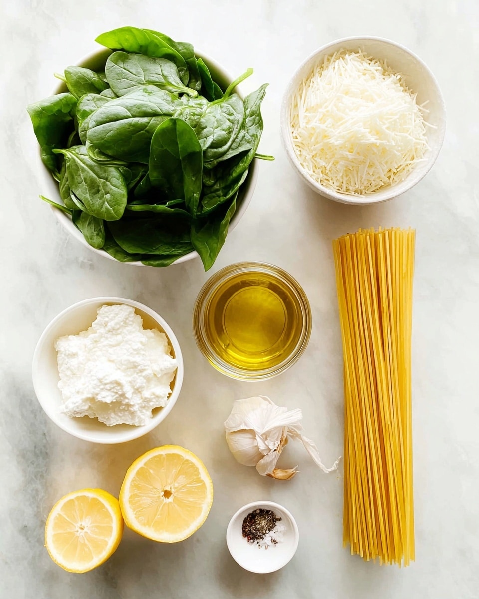 The image shows cooking ingredients neatly arranged on a white marbled surface. On the top left, there is a small white bowl full of bright green spinach leaves with a fresh texture. To its right is a small bowl filled with finely shredded white cheese. Along the right side, there is a bundle of dry yellow spaghetti standing vertically. Below the spinach is a white bowl with soft, white ricotta cheese. In the middle, a small glass jar holds clear golden olive oil. At the bottom left, two lemon halves with bright yellow skin and juicy insides are placed side by side. Lastly, a small white dish at the bottom right contains a single clove of garlic, some black pepper, and white salt, all neatly separated in sections. Photo taken with an iphone --ar 4:5 --v 7