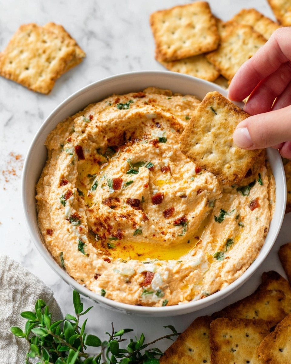 A white bowl filled with a creamy orange dip mixed with small green and red bits, topped with a drizzle of golden oil. A woman's hand is holding a toasted square cracker dipped halfway into the dip. Around the bowl, there are more toasted square crackers scattered on a white marbled surface, with a small green herb cluster on the side. The dip has a smooth texture with visible swirls and tiny vegetable pieces. photo taken with an iphone --ar 4:5 --v 7