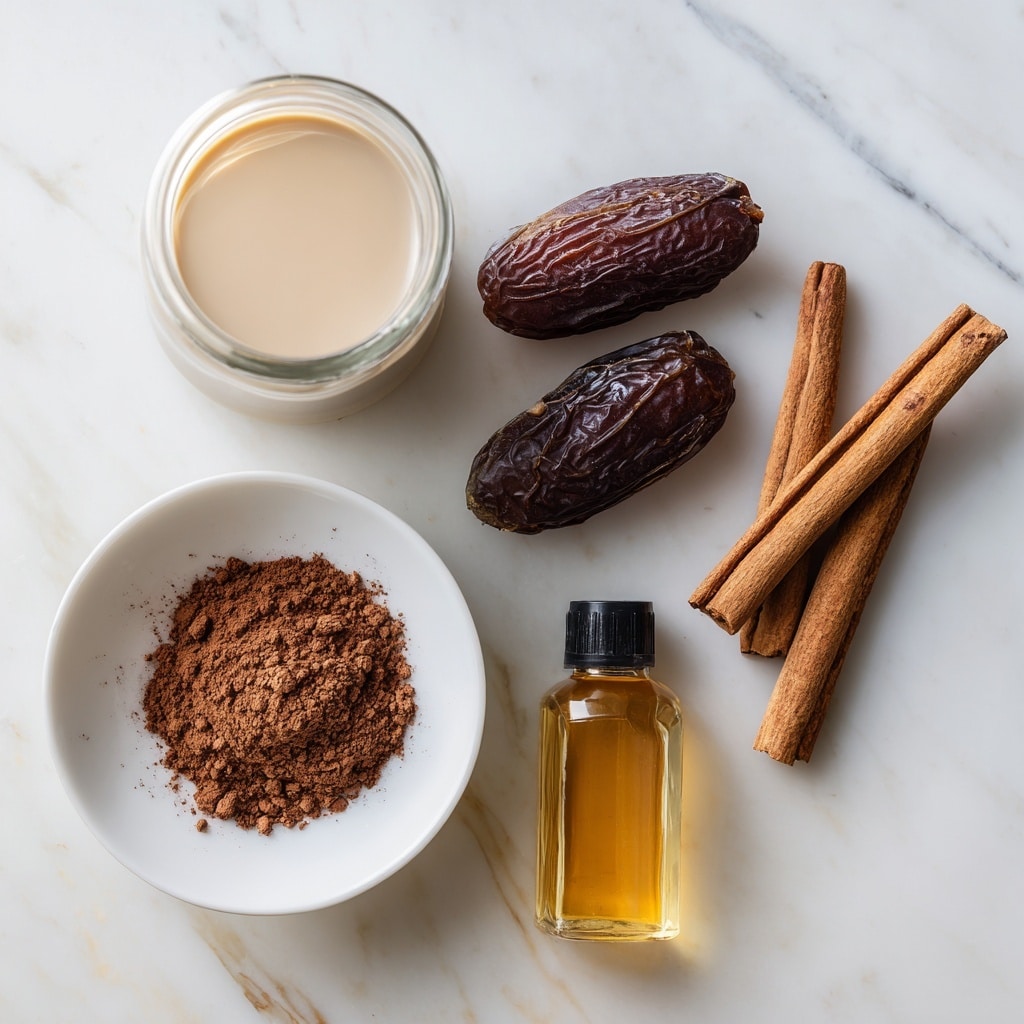 The image shows five ingredients arranged on a white marbled surface. There is a tilted clear glass bottle filled with light beige plant milk in the top left. Next to it on the right, two dark brown, wrinkled dates are placed side by side. Above the dates are two cinnamon sticks, stacked on top of each other. To the right of the dates, there is a small clear bottle with a black cap filled with light amber vanilla extract. Below the dates and center-left of the image, a white bowl holds a small pile of dark brown cacao powder, with a slightly crumbly texture. Each ingredient is labeled with white text next to it. photo taken with an iphone --ar 4:5 --v 7