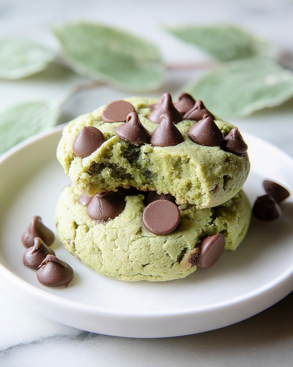 Two thick cookies with a light green dough are stacked on a white plate. The cookies are filled and topped with many large, smooth, milk chocolate chips that add a rich brown contrast to the green dough. The surface they sit on has a white marbled texture, and there are a few light green leaves scattered around the plate, giving a fresh and natural feel. The cookies have a slightly rough and crumbly texture, showing a soft but firm shape. photo taken with an iphone --ar 4:5 --v 7