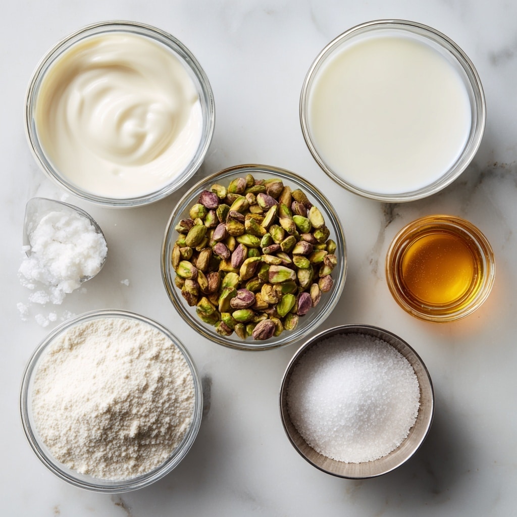 Six small clear glass bowls sit on a white marbled surface, each filled with a different ingredient. The top left bowl contains heavy cream, a smooth creamy off-white liquid, while the top right bowl holds milk, a lighter, more translucent white liquid. Below them, the middle left bowl is packed with bright green and golden brown pistachios, showcasing their rough texture. To the right, a bowl is filled with granulated sugar, which looks like tiny white crystals. The bottom left bowl holds a mound of fine, white corn starch powder, soft and fluffy in appearance. Finally, the bottom right metal bowl contains a small amount of white salt and an amber yellow vial labeled as pistachio extract, with a shiny metallic texture reflecting light. Photo taken with an iphone --ar 4:5 --v 7