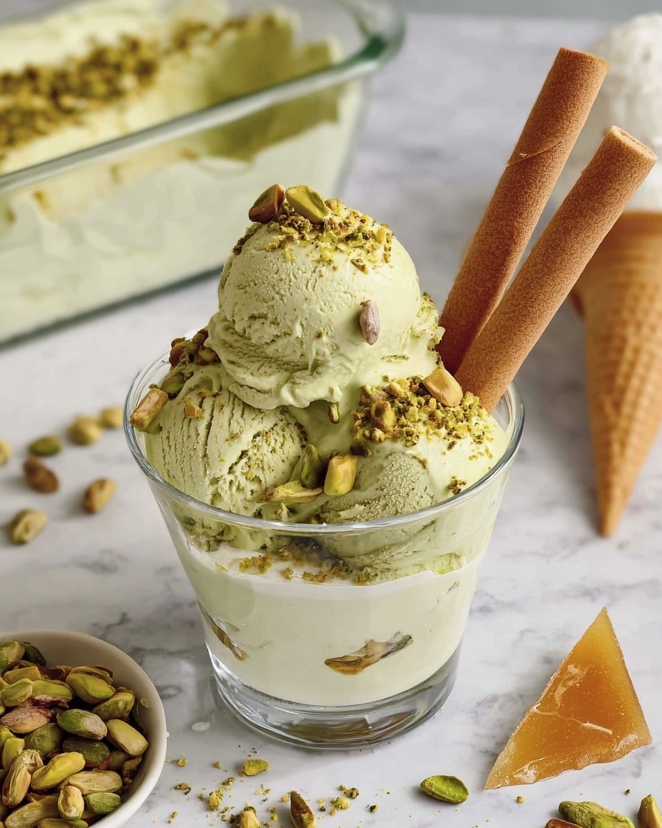 The image shows a clear glass cup filled with three pale green scoops of pistachio ice cream placed on a white creamy base. The top scoop is decorated with three whole pistachios. Around the scoops, crushed pistachio nuts are sprinkled, adding a rough green texture. Two light brown rolled wafer sticks stand upright on the right side, accompanied by a small triangular piece of amber-colored caramel shard leaning against one of the wafers. In the background, there is a white bowl filled with green sliced pistachios, an empty upside-down white ice cream cone, and a container with more of the pale green ice cream, all set on a white marbled surface. Photo taken with an iphone --ar 4:5 --v 7