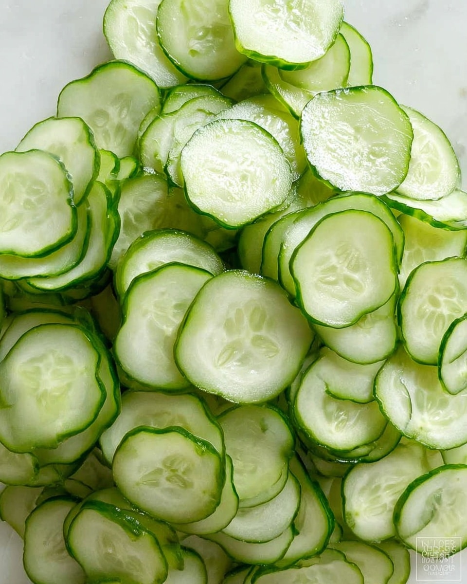 This image shows a pile of thinly sliced cucumber rounds on a white marbled surface. The cucumber slices are light green in the center with darker green edges from the peel, giving a fresh, crisp look. The slices vary slightly in size, some overlapping others, creating a layered effect that covers most of the frame. The texture appears smooth and moist, showing the translucent flesh and small seeds inside each slice. photo taken with an iphone --ar 4:5 --v 7