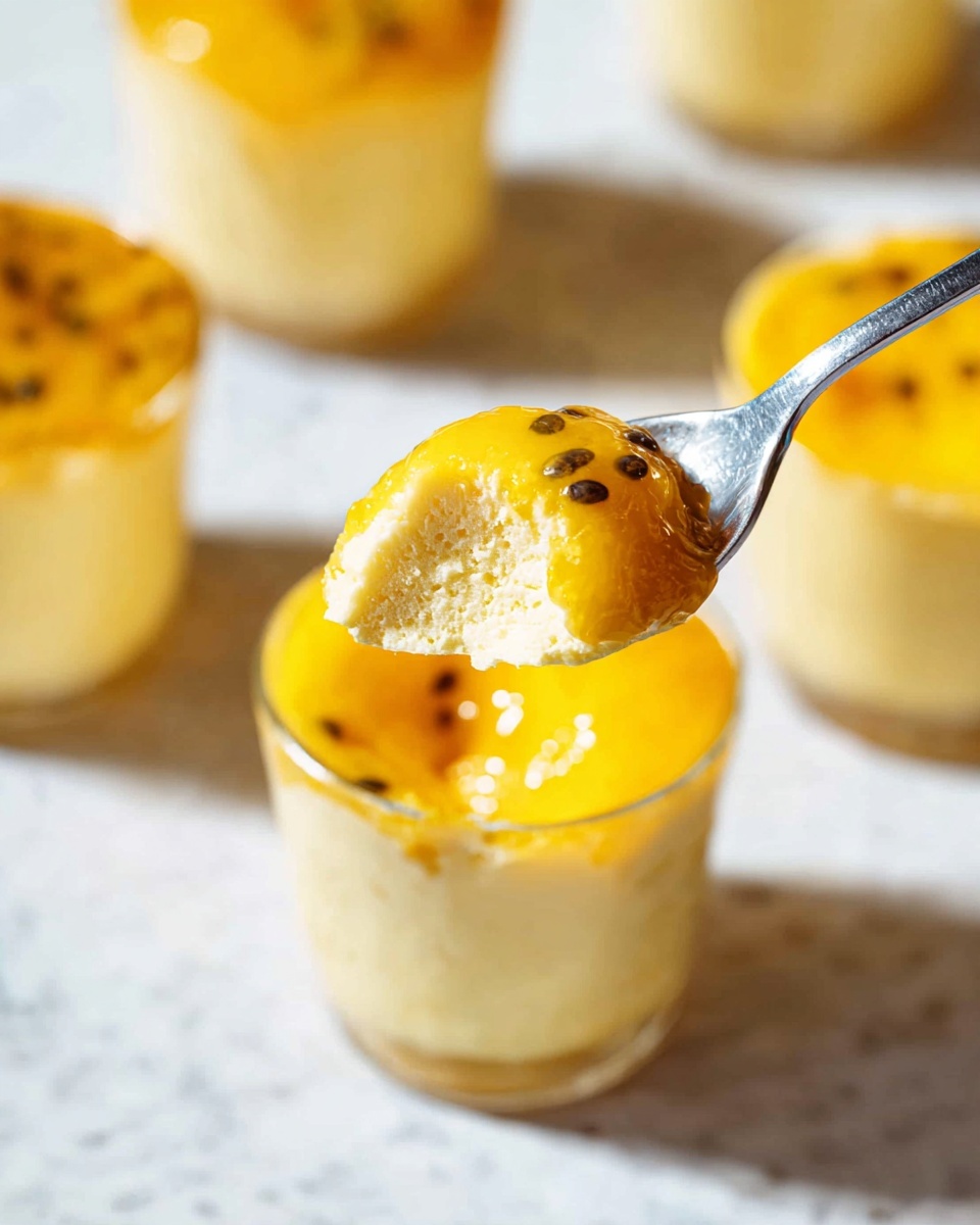 The image shows a small clear glass cup filled with a creamy light yellow dessert topped with a layer of bright yellow sauce that has small black seeds. A spoon is holding a scoop of the dessert showing the soft and airy texture beneath the glossy sauce on top. In the background, there are more cups with the same dessert placed on a white marbled surface. The scene is brightly lit, capturing the smooth and fluffy look of the dessert with the shiny topping. photo taken with an iphone --ar 4:5 --v 7