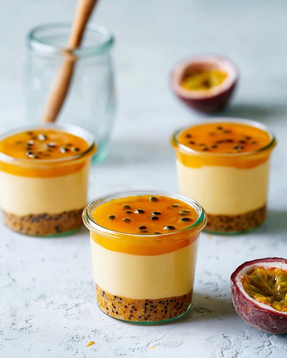 The image shows three small clear glass jars of a dessert on a white marbled surface. Each jar has three layers: a bottom dark orange-brown layer with seeds and a textured appearance, a thick middle layer of smooth pale yellow cream, and a top shiny bright orange layer with small black seeds scattered within it. In the background, there is a clear glass container with a wooden stick inside and a halved passion fruit with its bright yellow pulp and seeds visible. The scene is softly lit with a clean and fresh look. Photo taken with an iphone --ar 4:5 --v 7