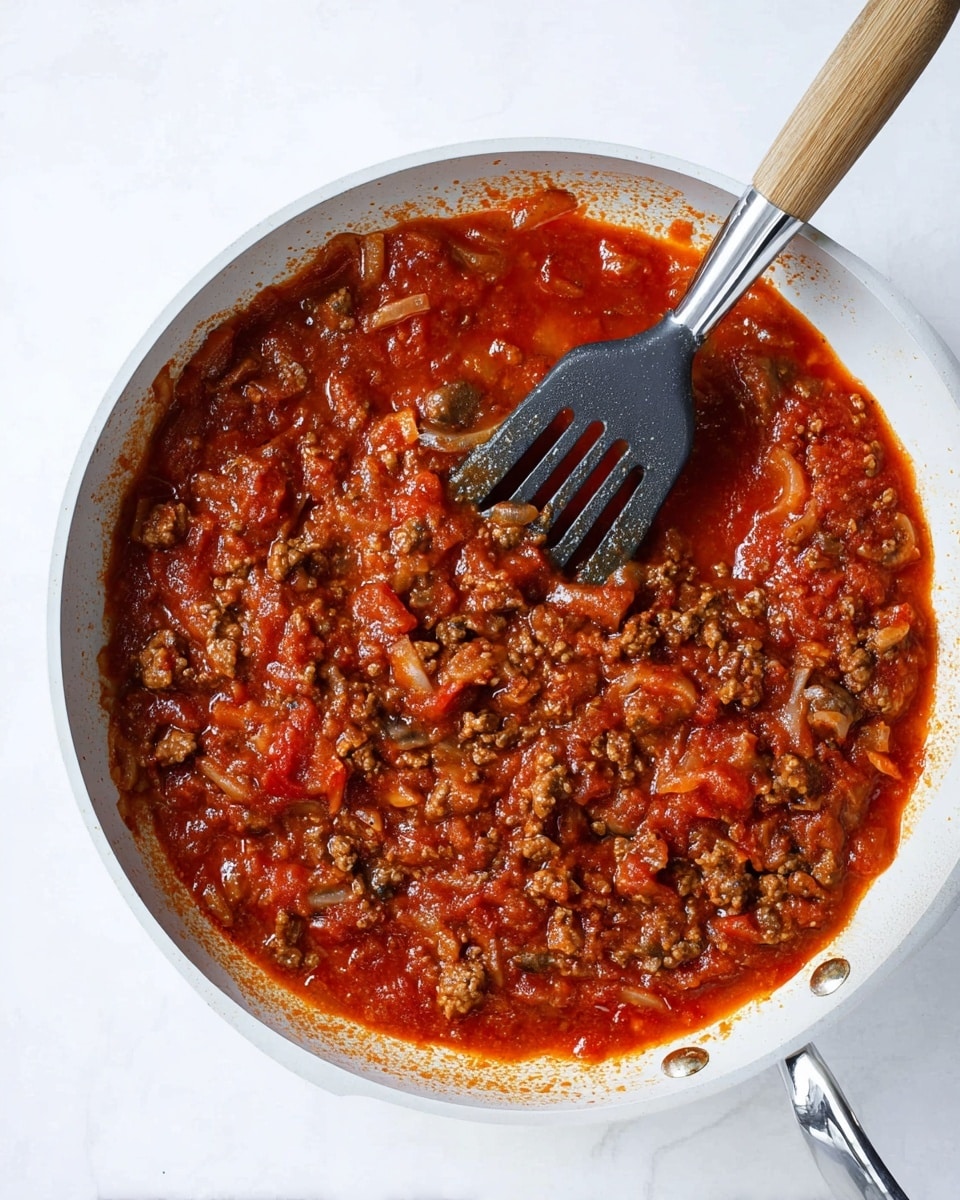A white frying pan with a light wood handle is filled with a thick, chunky tomato sauce that covers the entire pan surface. The sauce has three main visible layers: a deep red tomato base, chopped pieces of cooked browned meat, and translucent cooked onions mixed evenly throughout. Small bits of mushrooms and other vegetables are scattered, adding texture and earth tones against the rich red sauce. A black slotted spatula with a silver handle rests inside the pan, partially covered by the sauce, its tines visible but coated with the thick mixture. The setting is on a white marbled surface, bright and clean, highlighting the details of the sauce photo taken with an iphone --ar 4:5 --v 7