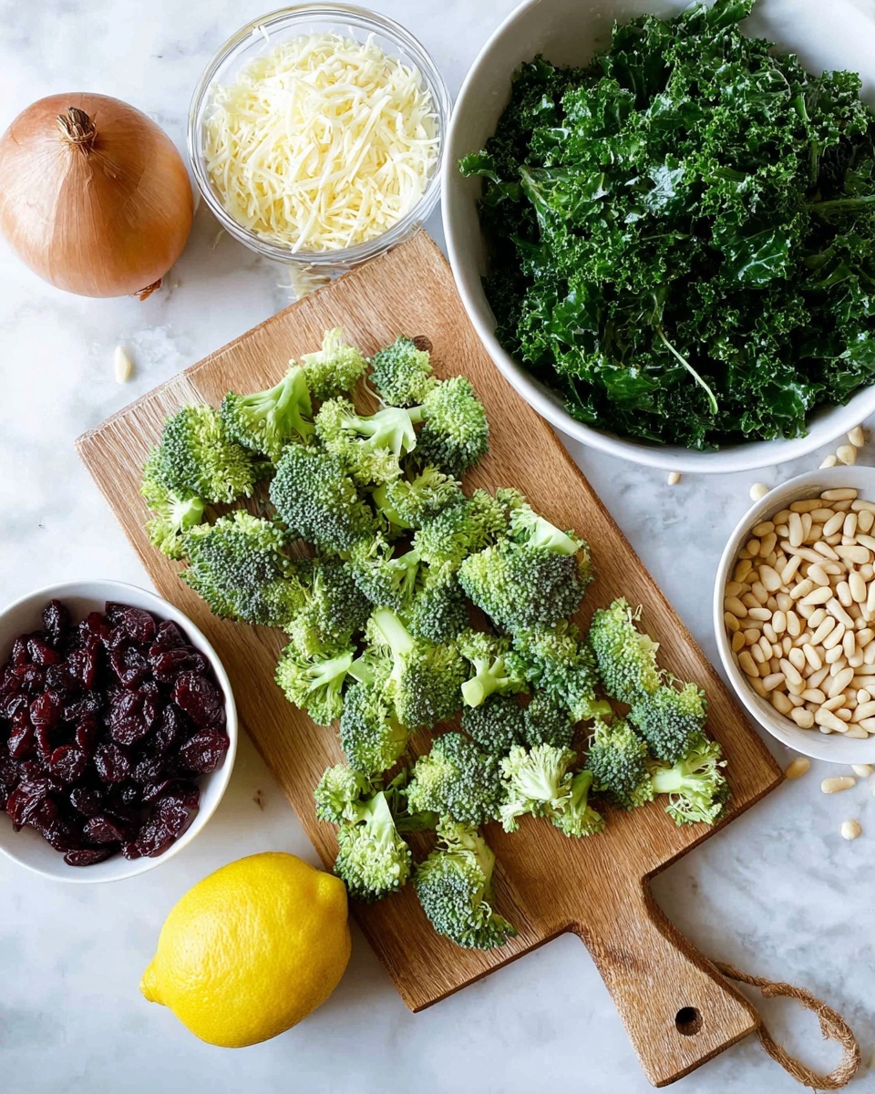 The image shows a wooden cutting board placed on a white marbled surface with many small green broccoli florets spread across it, showing their textured tops and pale stalks. To the top left, there is a single brown onion and a clear container filled with shredded pale yellow cheese. On the top right, a large white bowl is filled with dark green curly kale leaves, giving a leafy texture. At the bottom left, a small white bowl contains dark red dried cranberries. Below the board, there is a bright yellow lemon with a slightly textured peel. On the bottom right, another white bowl holds pale beige pine nuts. The overall scene is bright and fresh. photo taken with an iphone --ar 4:5 --v 7
