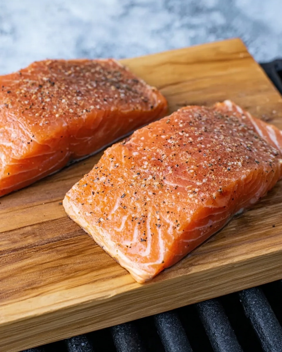 Two pieces of raw salmon fillets lie on light wooden planks, each fillet showing a bright orange color with fine white lines of fat running through them. The surface of the salmon is sprinkled with a light mix of spices, adding texture to the smooth fish. The wooden planks rest on a black grill, creating a contrast with the rich salmon color. The background is a white marbled texture. Photo taken with an iphone --ar 4:5 --v 7