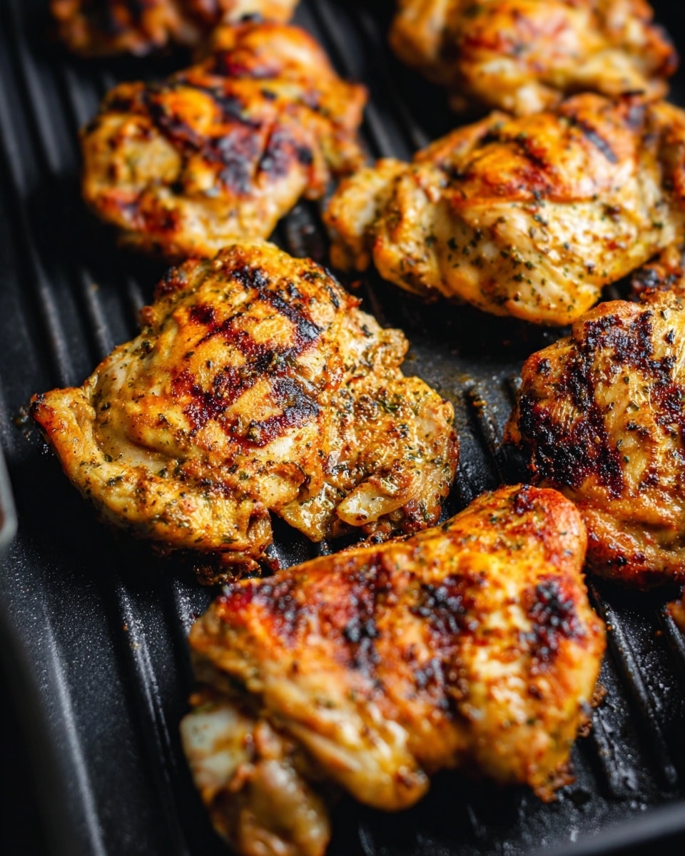 The image shows several pieces of grilled chicken thighs with a golden-brown color and charred grill marks, placed closely together on a black grill pan. The chicken pieces have a textured surface with a mix of crispy and juicy parts, with subtle herbs and seasoning visible. The grill pan has a ridged pattern, and the background is out of focus, emphasizing the cooked meat. The overall look is warm and appetizing, highlighting the grill marks and spices. photo taken with an iphone --ar 4:5 --v 7