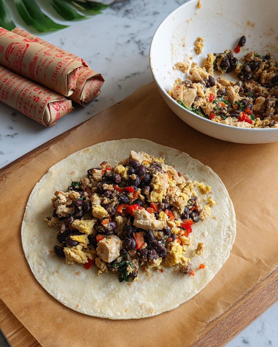 A round soft tortilla is spread flat on a brown paper sheet on a white marbled surface, with a thick layer of mixed filling in the center. The filling has several colors and textures, including black beans, chunks of light brown scrambled eggs, small red pepper pieces, and bits of green leafy vegetables. To the right of the tortilla, there is a white bowl partially filled with the same mixed filling, showing ingredients like beans and red peppers. To the left, there are three rolled items wrapped in brown paper with printed red text and designs. The background includes some blurred green leaves and parts of a room. Photo taken with an iphone --ar 4:5 --v 7