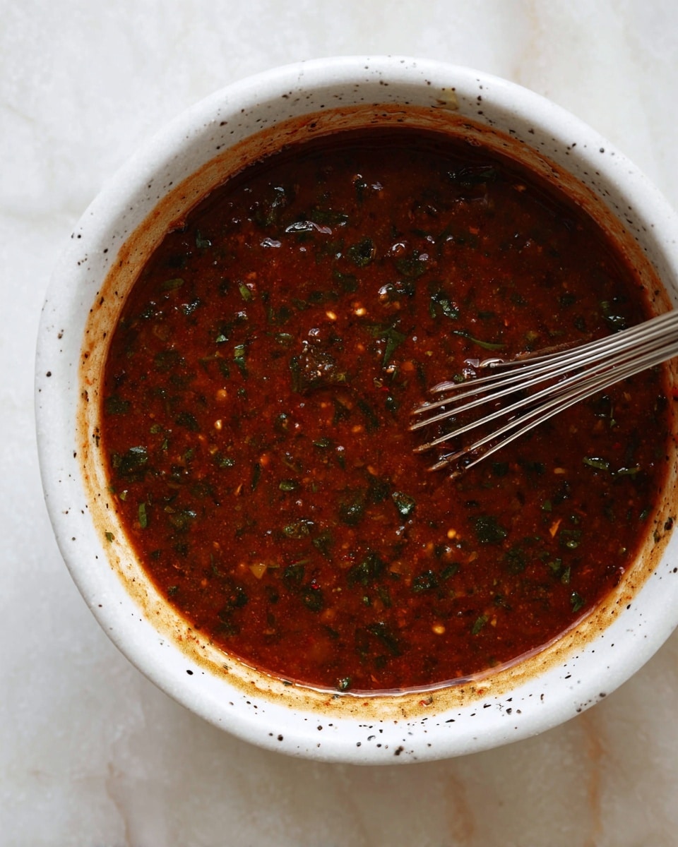 A close-up view of a thick sauce inside a white bowl with small dark specks on the rim. The sauce is dark reddish-brown with visible small green herb bits mixed throughout, giving it a textured look. A silver whisk with thin wires is partially visible in the sauce, resting against the side of the bowl. The bowl sits on a white marbled surface, which provides a clean and bright background. photo taken with an iphone --ar 4:5 --v 7