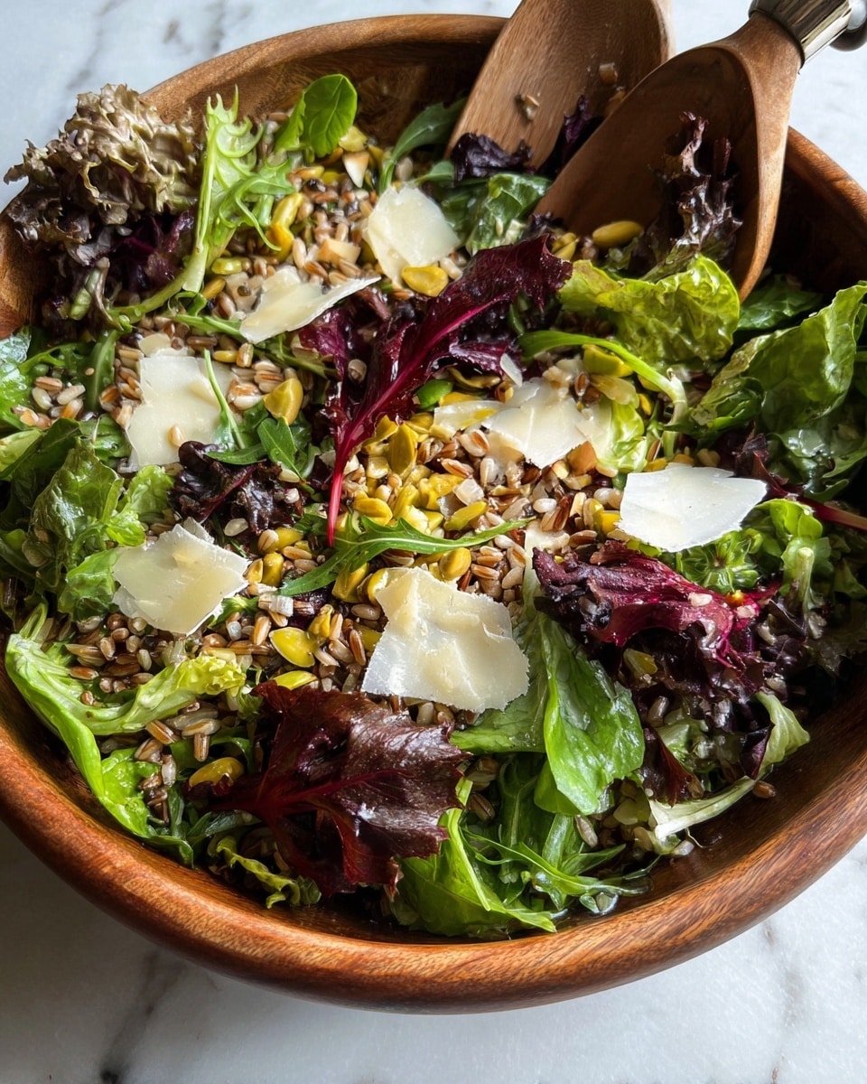 The image shows a wooden bowl filled with a colorful mixed salad featuring about five layers of ingredients. The bottom layer has different green leaves including bright green lettuce and dark purple-red leaves, each with natural curly and smooth textures. Scattered across the salad are light brown grains that add a rough texture. On top of the grains and leaves, there are small yellow-green nuts sprinkled evenly, while thin white cheese slices with a slight shine sit on various parts of the salad. Two wooden spoons with metal parts rest partially in the bowl behind the salad. The whole scene is set on a white marbled surface photo taken with an iphone --ar 4:5 --v 7