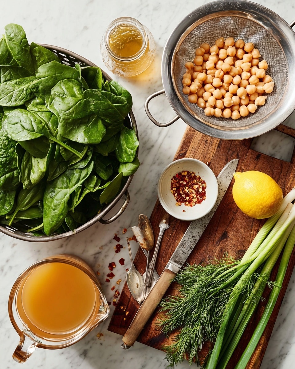 A top-down view shows fresh green spinach leaves with smooth texture in a metal colander positioned on the right, next to a metal colander filled with round, light beige chickpeas on the left. Below, there is a wooden cutting board with a bright yellow lemon on the upper right side, several long green onions with white bulbs spread diagonally, a small bunch of fresh dill with feathery leaves, and a chef's knife with a wooden handle placed on the board. Near the center left, a small white bowl holds red chili flakes with some scattered around it, while a clear glass jar filled with a pale golden liquid sits next to the colanders. At the bottom left, a glass pitcher with an orange-colored broth is visible, and to the bottom right, a white round bowl contains a beige sauce with two metal spoons resting inside. All items are set on a white marbled surface. Photo taken with an iphone --ar 4:5 --v 7